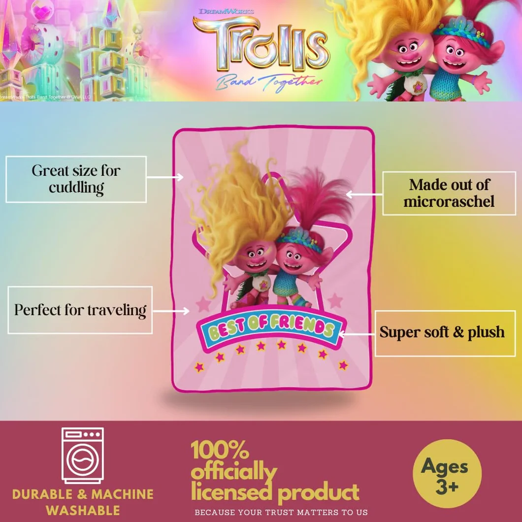 Franco DreamWorks - Coperta per bambini con 3 bande di film Trolls in seta super morbida, 101,6 x 127 cm, prodotto con licenza ufficiale