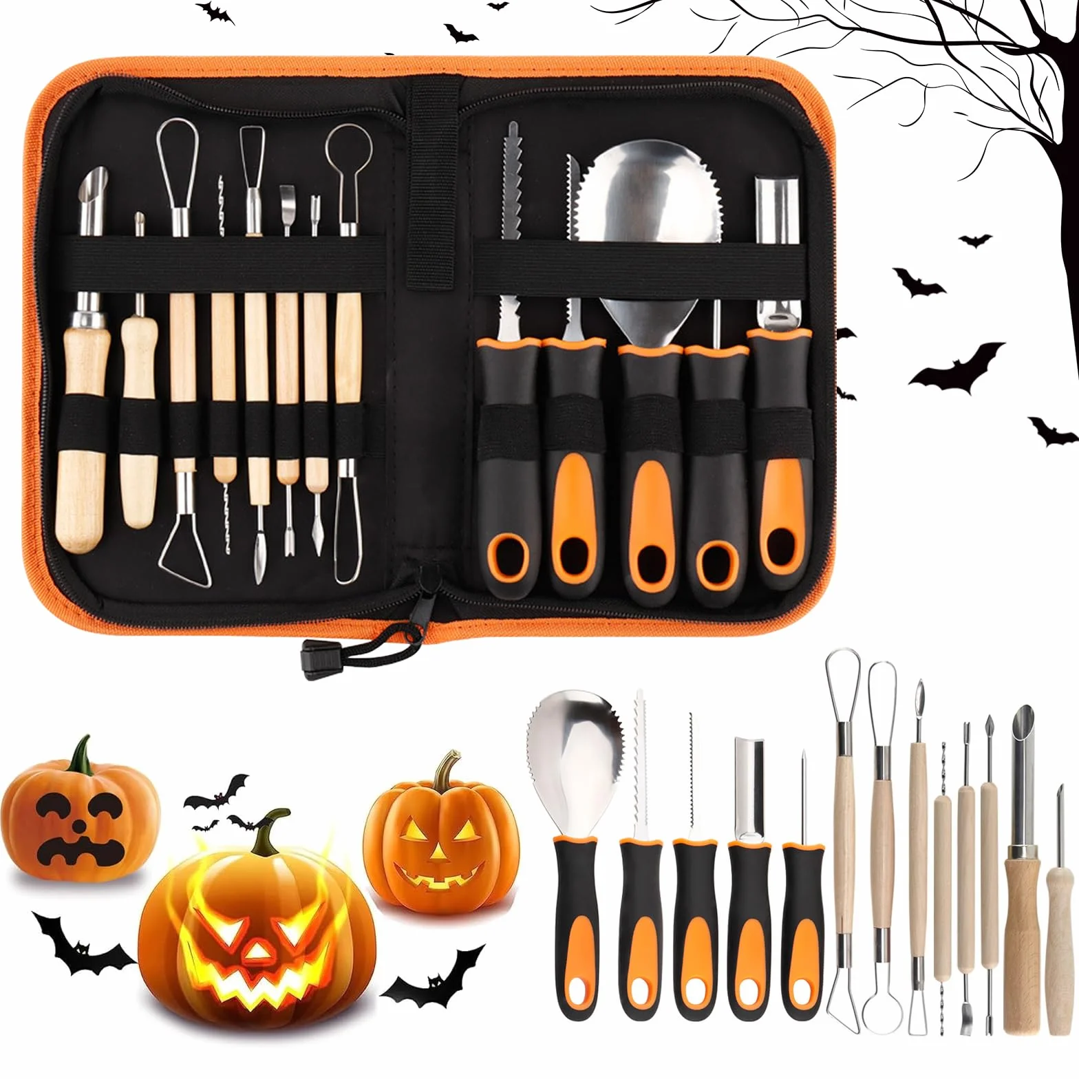 Set da intaglio zucca 13 pezzi in acciaio inox per Halloween con custodia