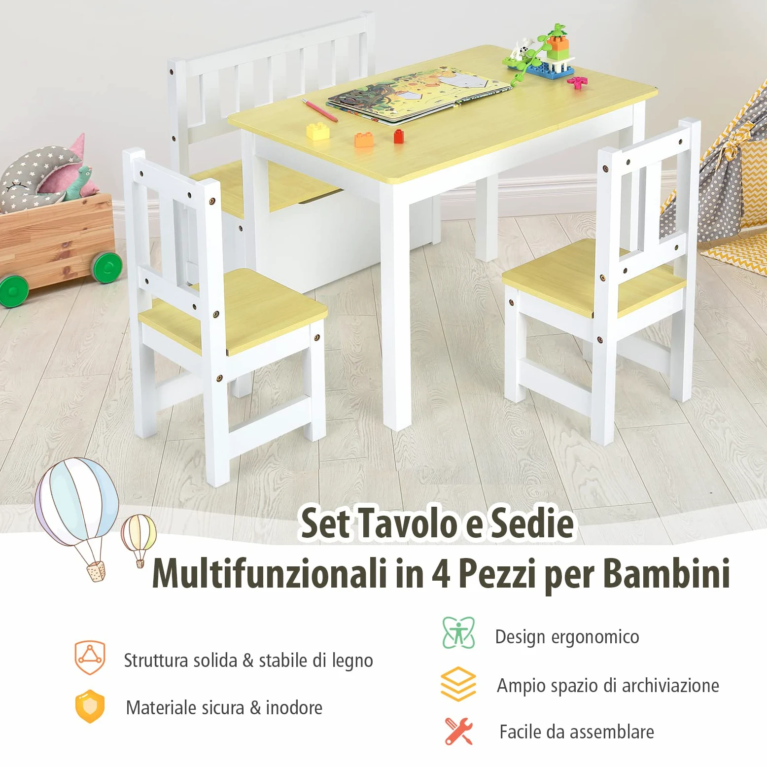 COSTWAY Set 4 Pezzi Tavolo e Sedie per Bambini, 2 in 1 Tavolino Attività di Legno per Bambini con 2 Sedie e 1 Panca, per Giocare Disegnare Leggere e Mangiare (Naturale)