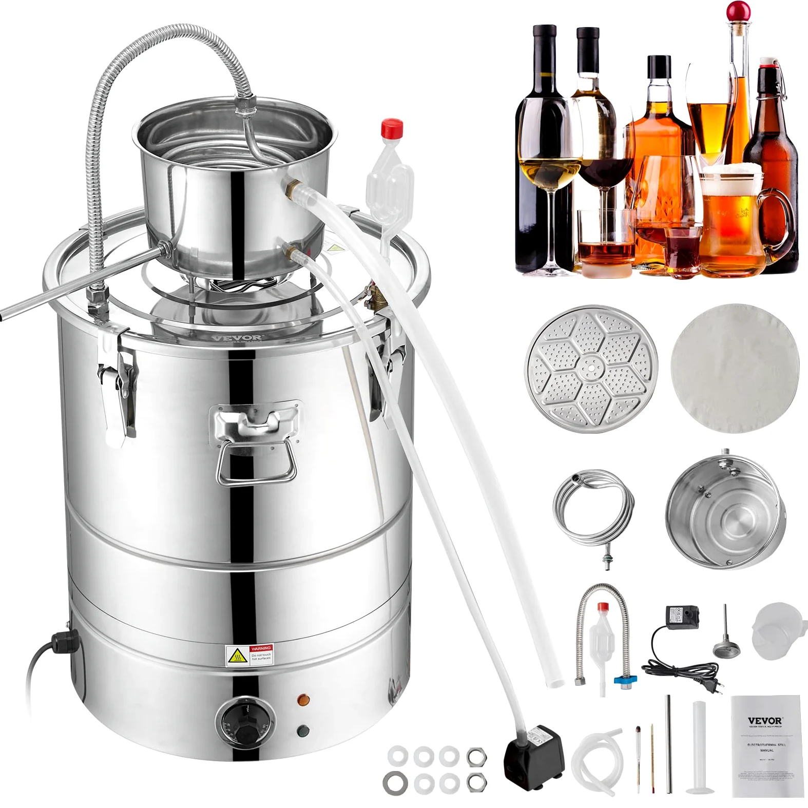 VEVOR Kit di Distillatore Elettrico Alcol in Acciaio Inox Capienza 30L Potenza Nominale 1800W con Pompa dell'Acqua Potenza 6,8-8W, Alambicco Distillatore in Acciaio Inox Uso Alimentare Acqua Alcol
