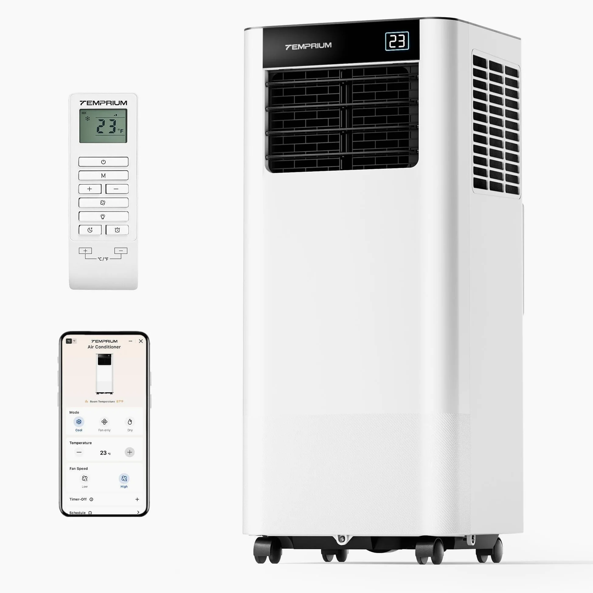 Condizionatore Portatile 9000 BTU, Temprium Climatizzatore Portatile 3-in-1, Controllo tramite App/Telecomando, Kit di Tenuta per Finestra, Timer 24H, Funzionamento Silenzioso <48 dB, Copertura 25 m²