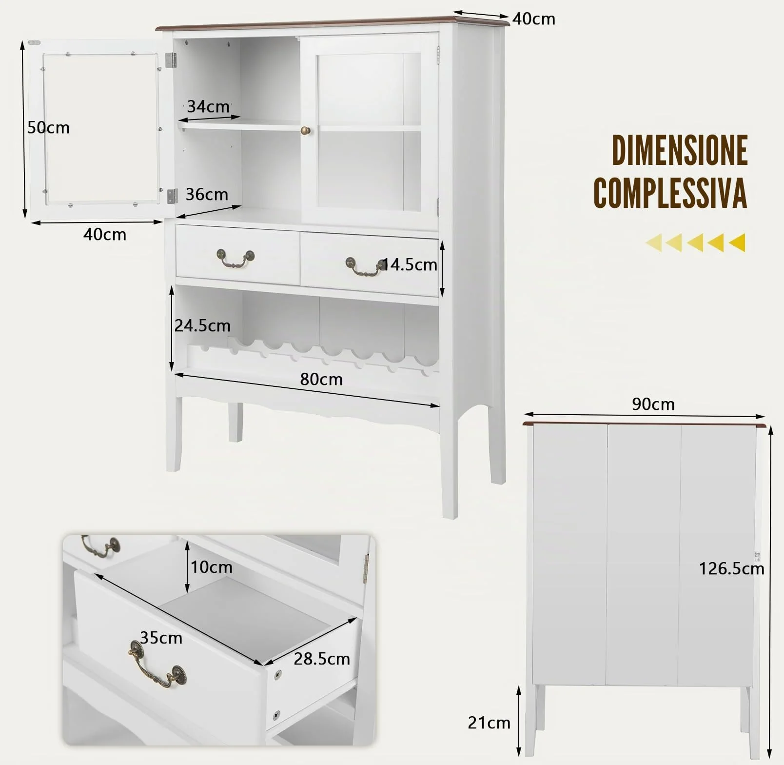 KOMFOTTEU Mobile per vino, credenza con ante, cassetti con maniglia e cantina per vino, cantina moderna, 90,5 x 38 x 126 cm, per cucina, sala da pranzo, bar, SE09334FQDE