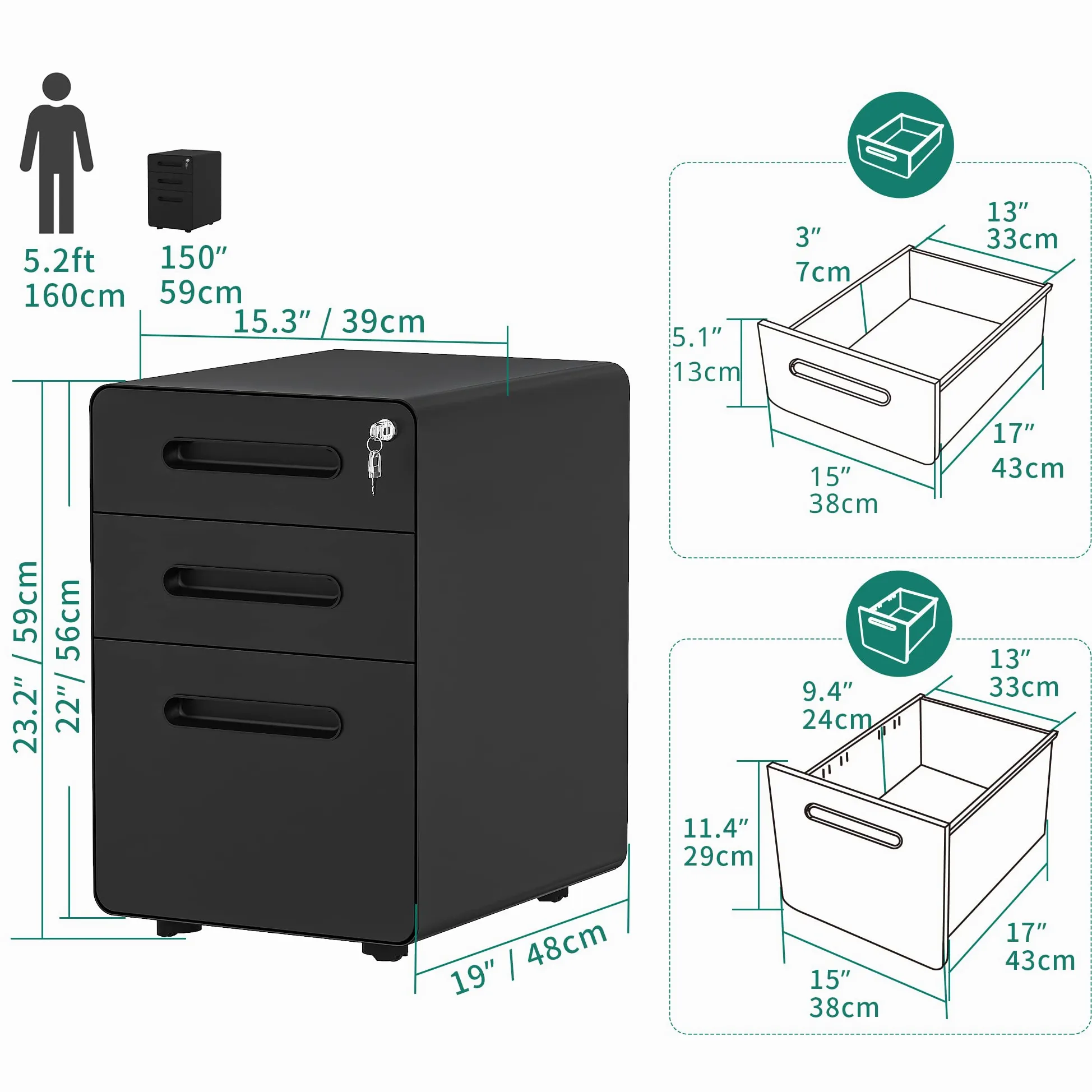 YITAHOME Armadietto Per Documenti A 3 Cassetti In Metallo Con Serratura, Completamente Assemblato, Nero, Large