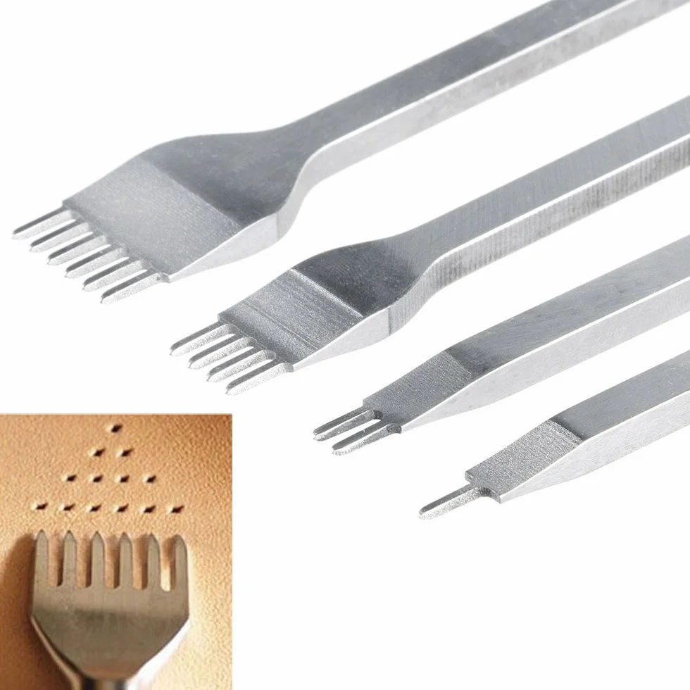 Leathercraft Tools - 4pcs Punzoni 3-6mm 1 + 2 + 4 + 6 Denti Cuciture Scalpello Tool , Strumento Pelle Punzoni Coltello per Pelletteria Foro Punzonatrice per Fai Da Te, Fare Punti di Cucitura Perforatore, Stitching Hole Punch