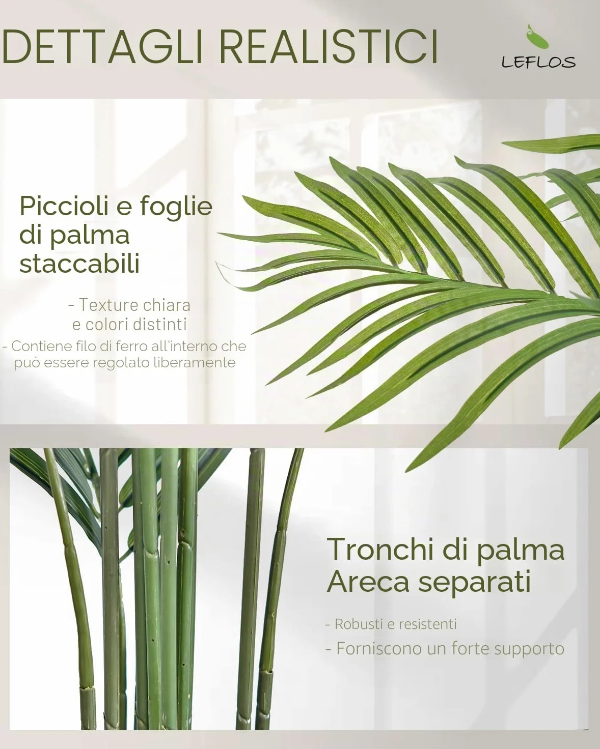 165 cm artificiale Palma di Dypsis Lutescens, solo pianta per interni, 15 tronchi staccabili, decorazioni per ufficio, negozio, appartamento e feste, 1 pezzo