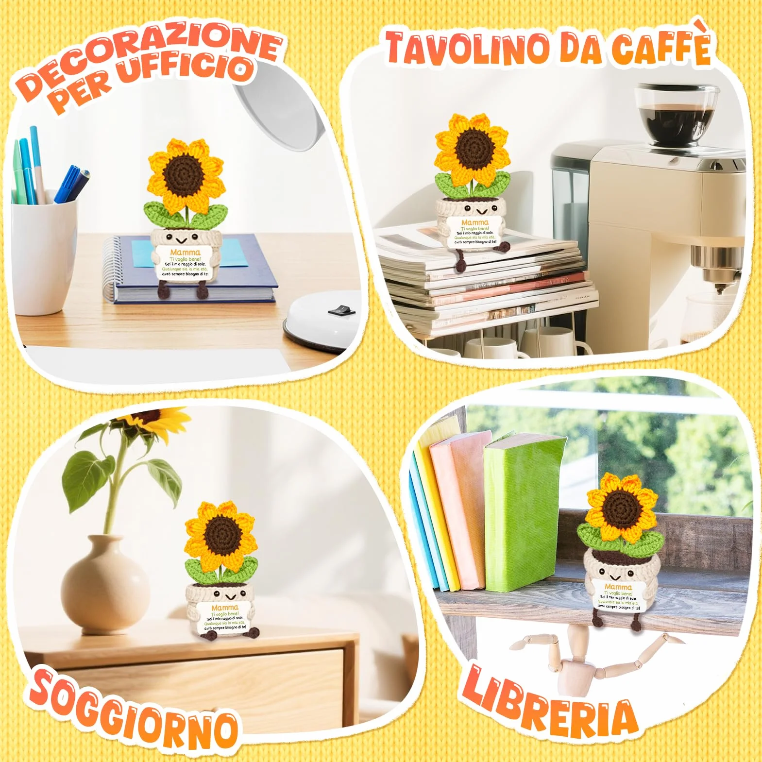 Girasole Amigurumi Decorativo Fatto a Mano 6x6x14cm Regalo Mamma Compleanno Idea Regali Madre Originali