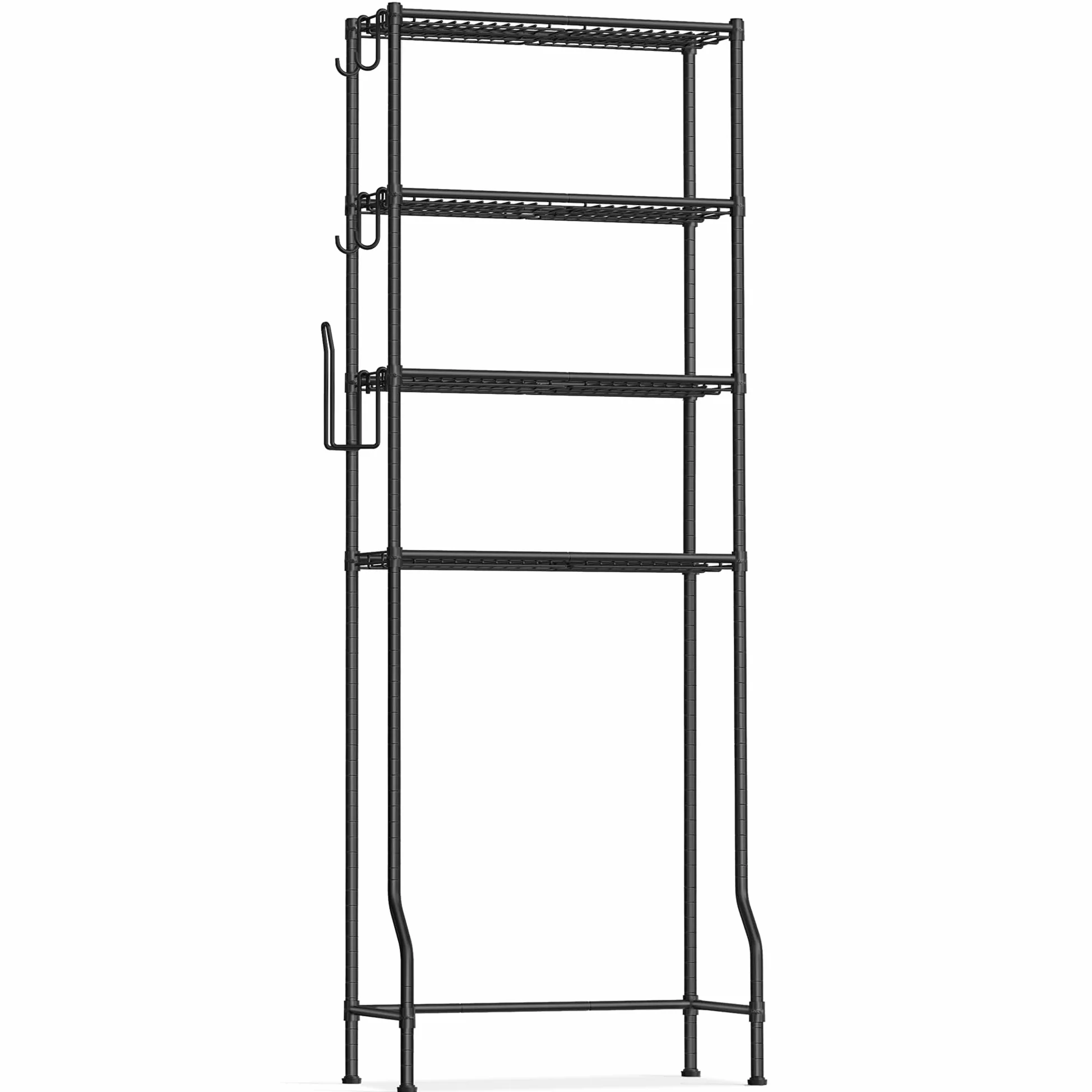 SONGMICS Scaffale sopra WC a 4 Ripiani, Scaffale da Bagno in Metallo, Ripiani Regolabili, con 4 Ganci e Portarotolo, Salvaspazio, 30 x 63 x 176 cm, Nero BTS013B01