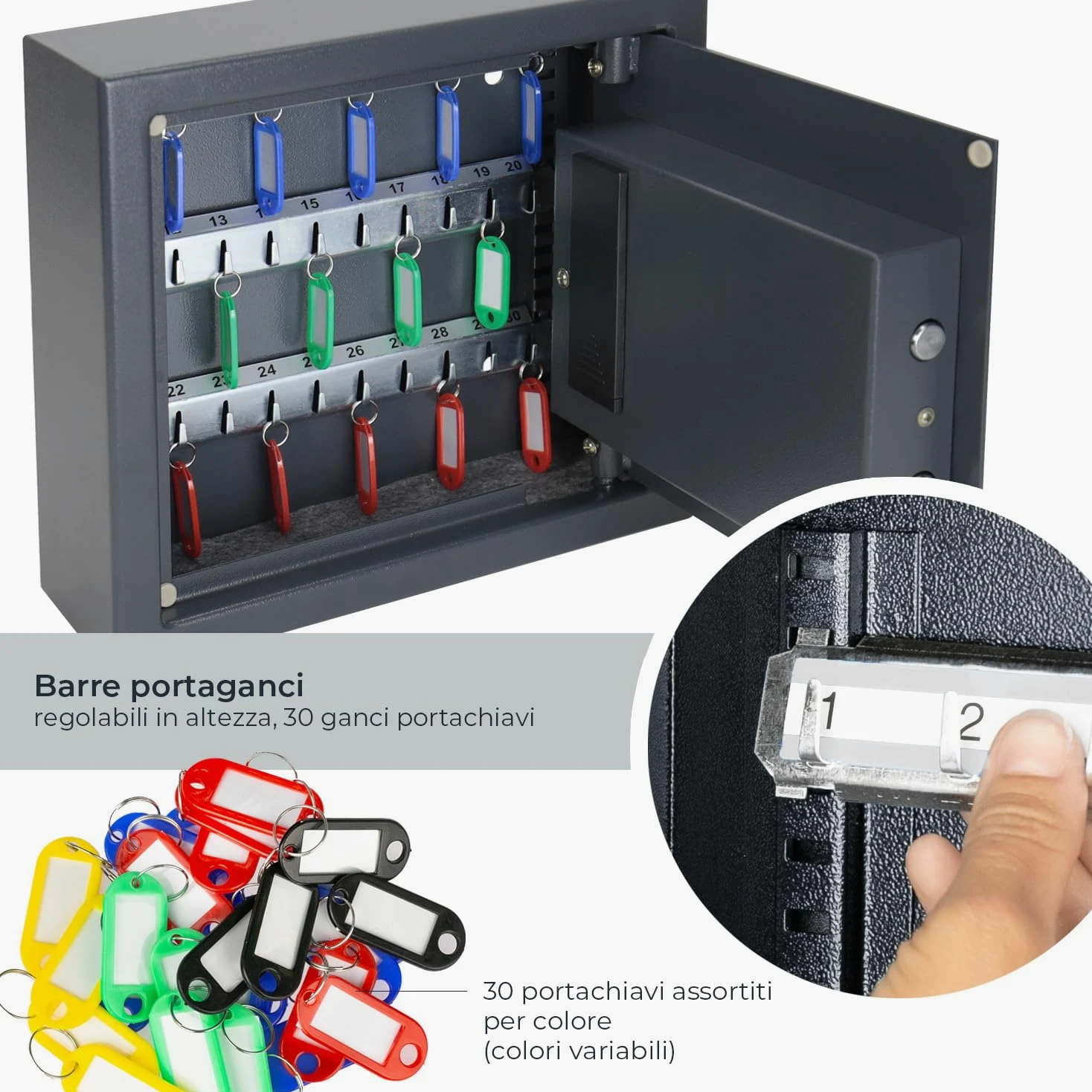 HMF Cassaforte Portachiavi con codice numerico, Armadietto Portachiavi con serratura elettronica | 30 ganci | 30 x 28 x 10 cm | Antracite