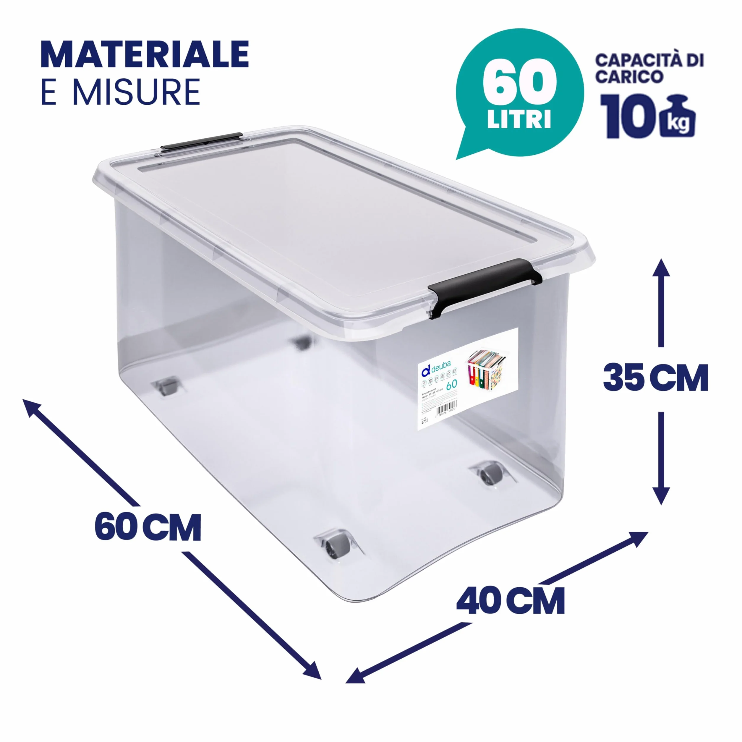 Deuba 6X 60L Scatole in Plastica Trasparente Contenitori con Coperchio Impilabili con Ruote
