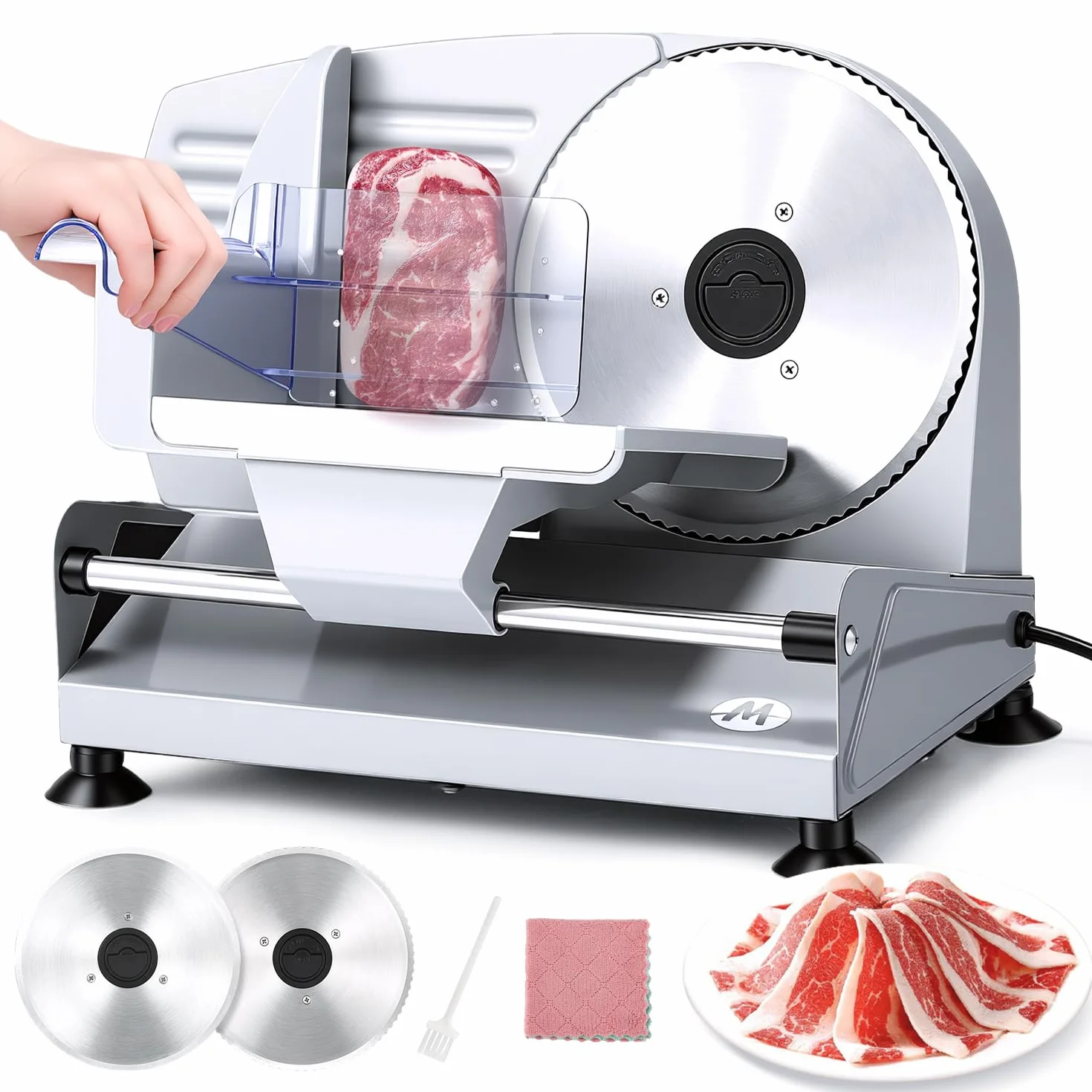 Moongiantgo Affettatrice Elettrica da Casa, Affettatrice Professionale con Blocco di Sicurezza, Spessore Regolabile 0-15mm, 2x Lama in Acciaio Inox da 19cm per Carne/Pane/Formaggio/Verdura (200W)