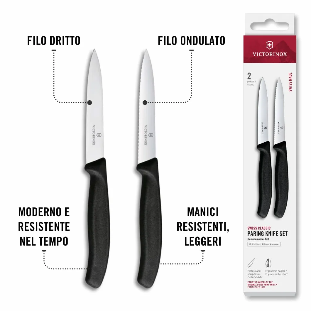 Victorinox Swiss Classic set 2 coltelli: coltello da pomodoro e spelucchino per verdure, acciaio inox, Swiss Made, Nero