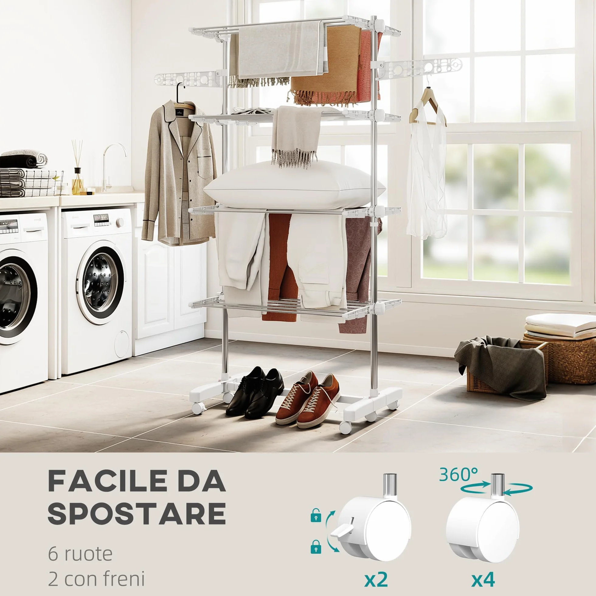 HOMCOM Stendibiancheria Verticale a Torre 4 Livelli, Stendino Pieghevole Salvaspazio in Acciaio Inox con 6 Ruote, 142x55x172cm, Bianco