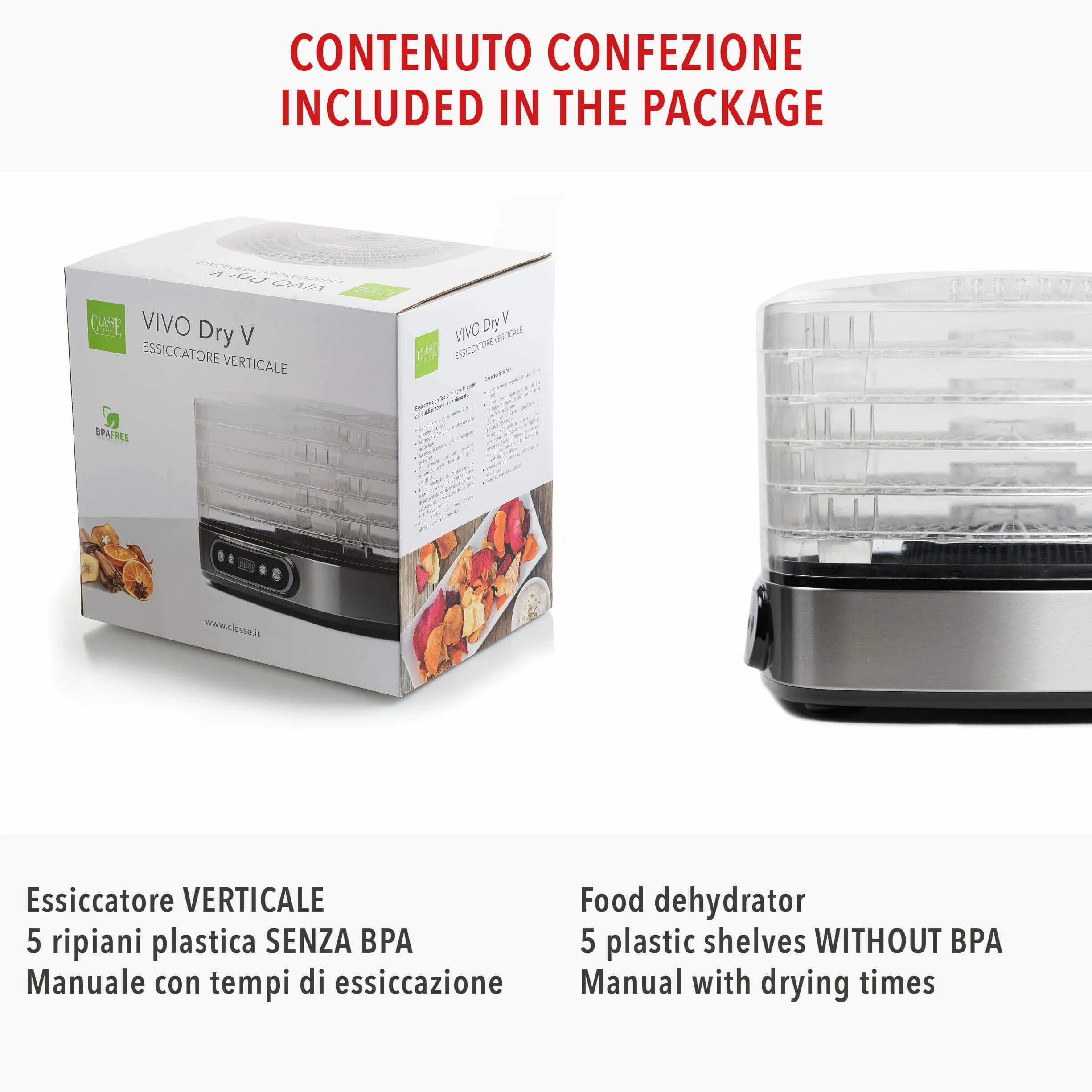Classe Italy | Essiccatore Alimentare, Consumi Bassi, Senza BPA, GARANZIA 5 ANNI, Essiccatore Funghi, Frutta, Verdura, Carne, Pesce, Frutta secca, 380 W, 23 Litri, Acciaio