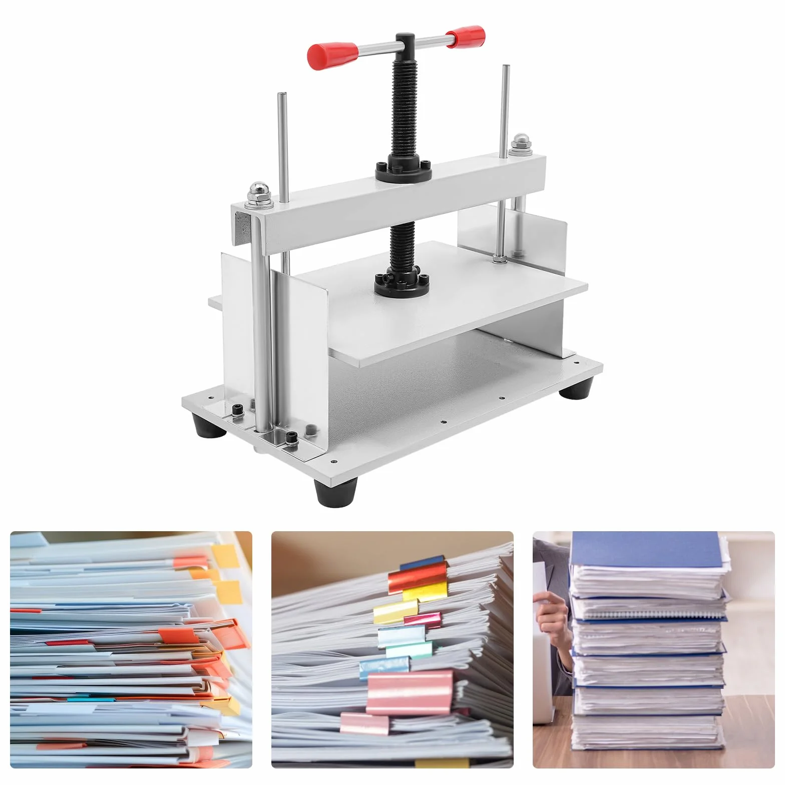 Pressa per rilegatura manuale, formato A4, 1,5T, per bricchette, 3 deflettori rimovibili, pressa piatta per documenti, fatture, libri, documenti di esame, bianco