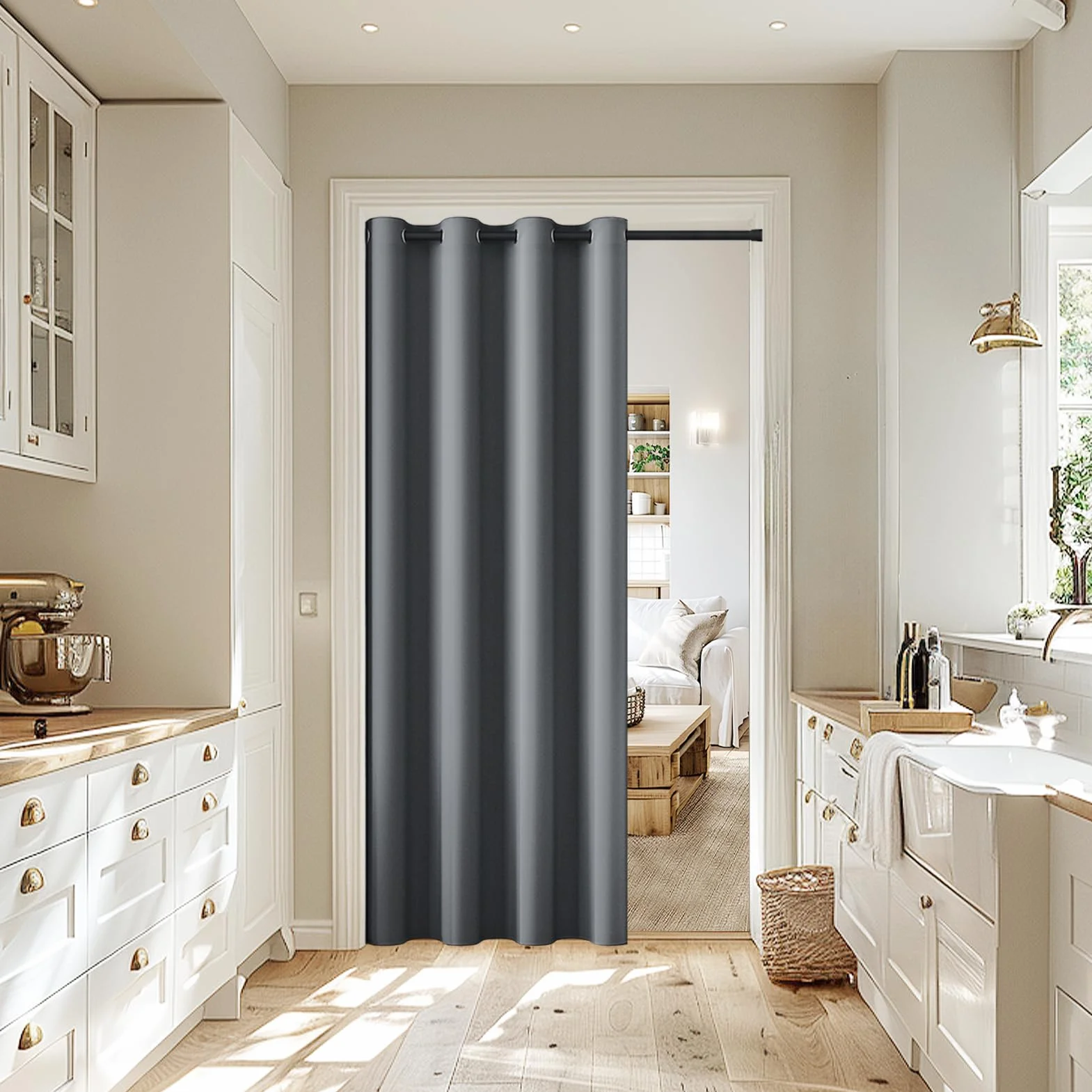 Tenda per Porta Tenda Oscuranti con Asta Telescopica, Tende Termiche Isolanti per Interni, Tende Oscurante Grigio con Anelli per Soggiorno,1 Pezzo 132x195cm, Tenda Grigio