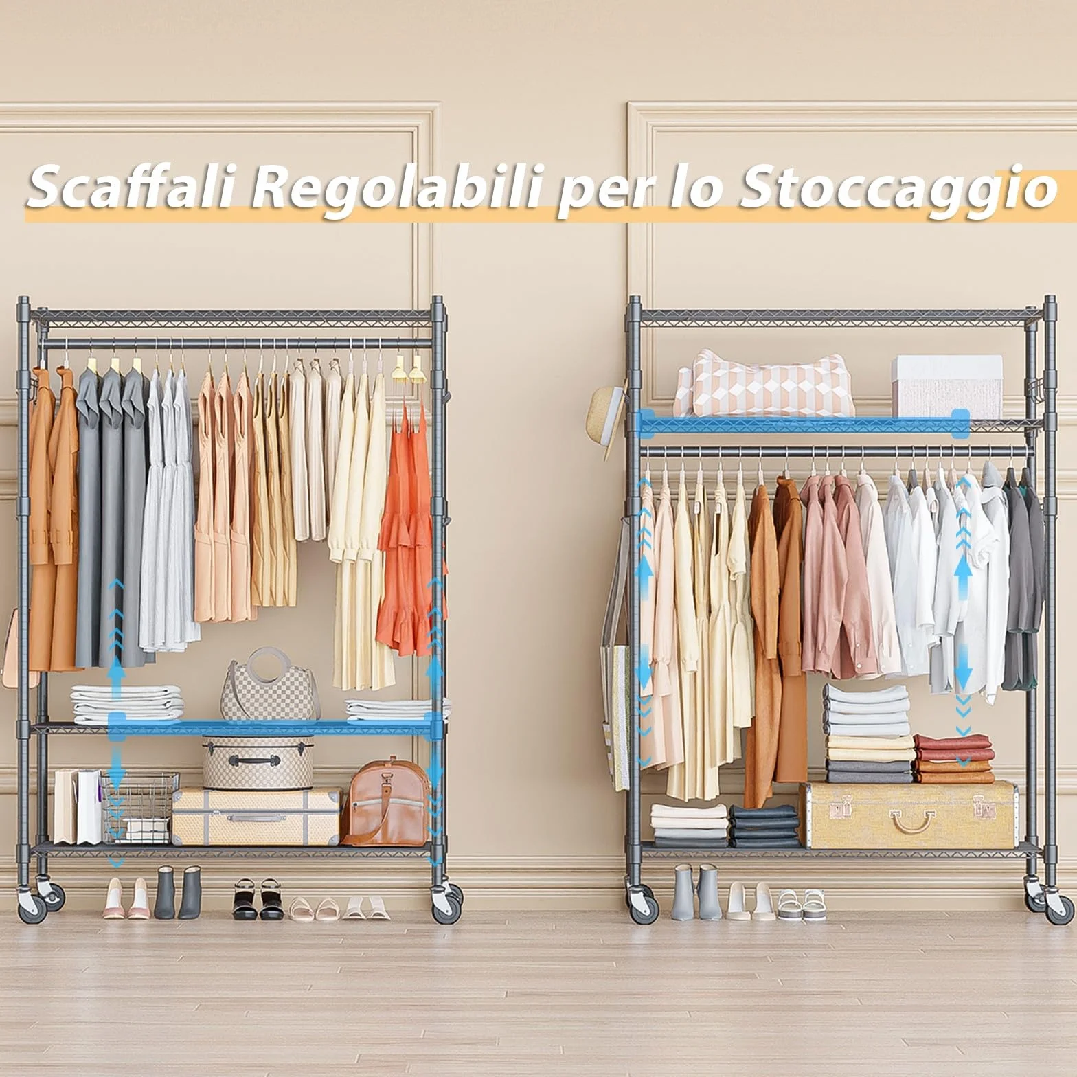 Himimi Doppio Appendiabiti con Ripiani Regolabili in Altezza, 2 Ganci, Ruote, 90x42x205 cm, Grigio