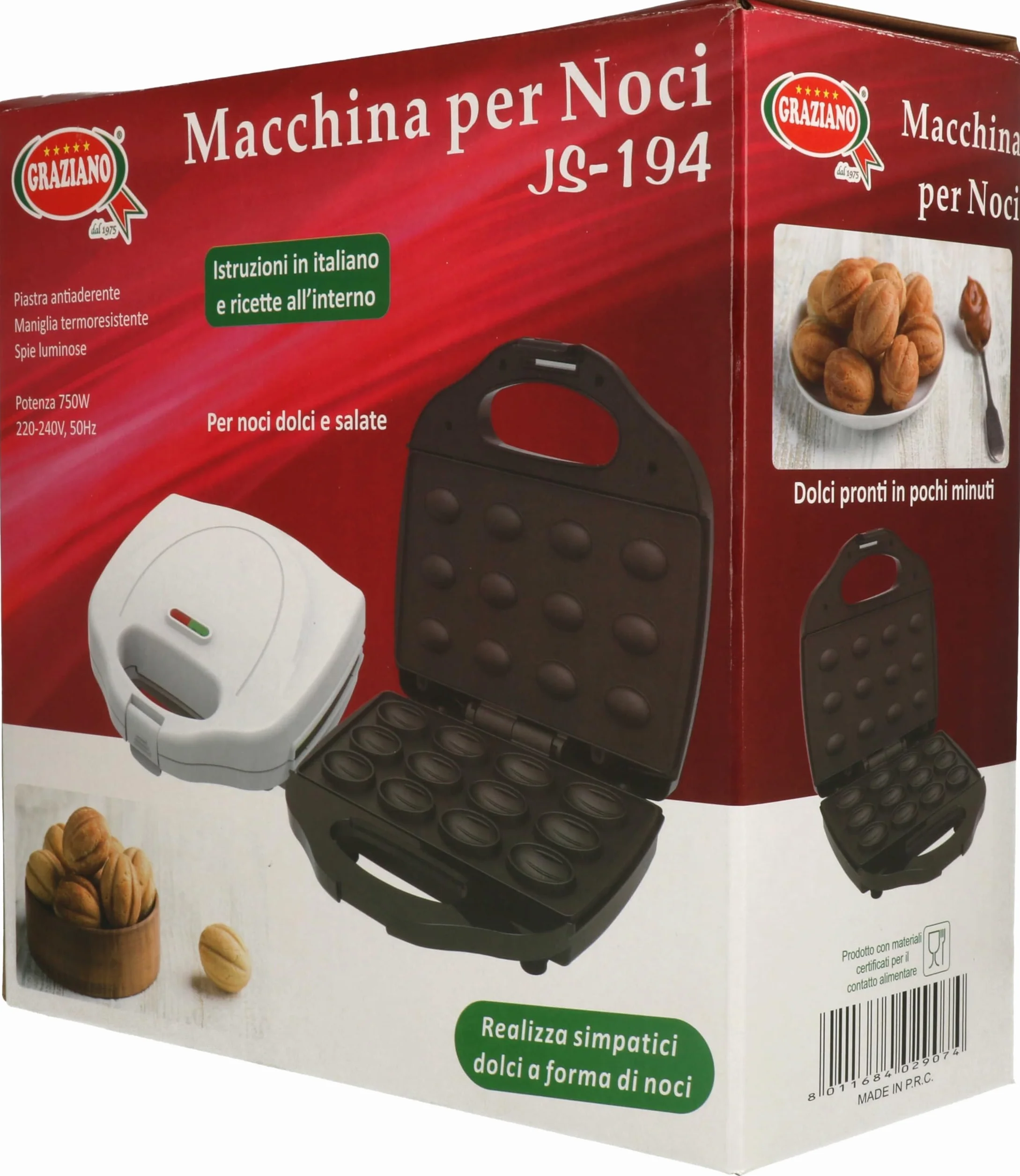 Graziano, Macchina per Noci, Macchina per Realizzare Dolci a Forma di Noci, Dotata di Piastra Antiaderente, Maniglia Termoresistente e Spie Luminose, 750W