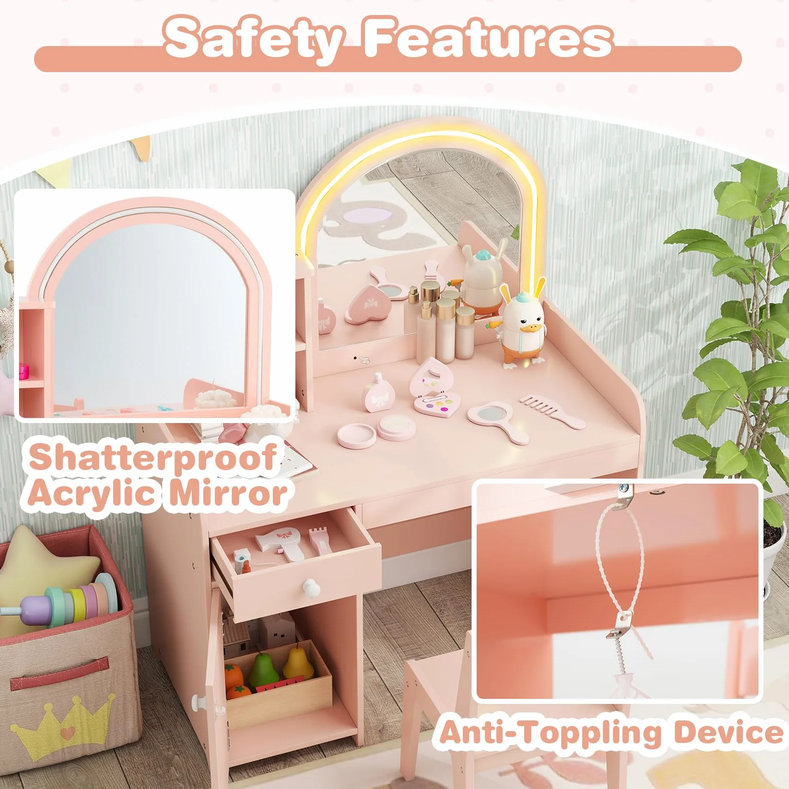 LIFEZEAL 2 in 1 Tavolo da trucco per bambini con sedia, tavolo da trucco ragazza con specchio LED e armadietto, tavolo da toeletta in legno con cassetto e scaffale, 3+ anni, carico di 50 kg (rosa