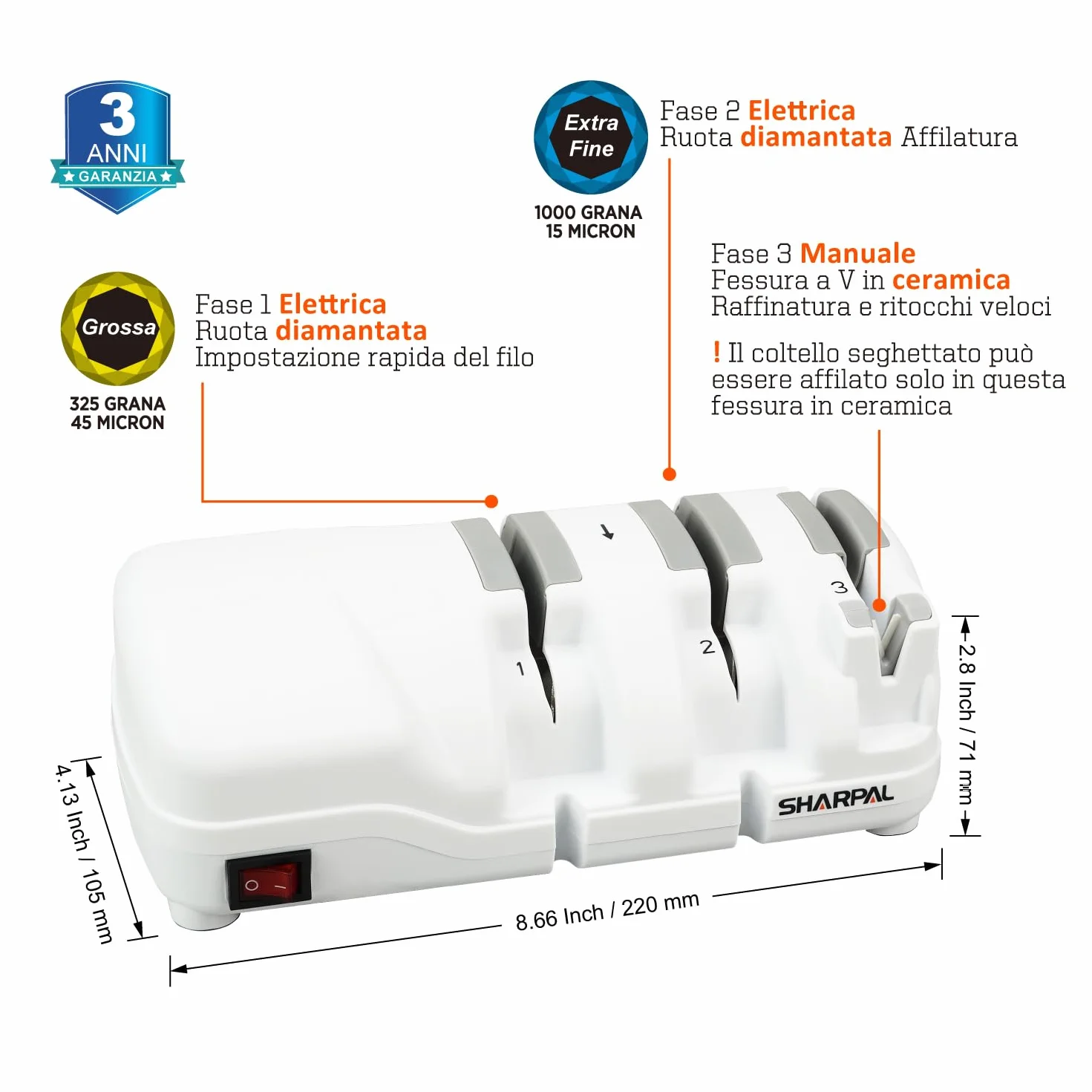 SHARPAL 198H Affilacoltelli elettrico - Sistema di affilatura a 3 stadi con diamante