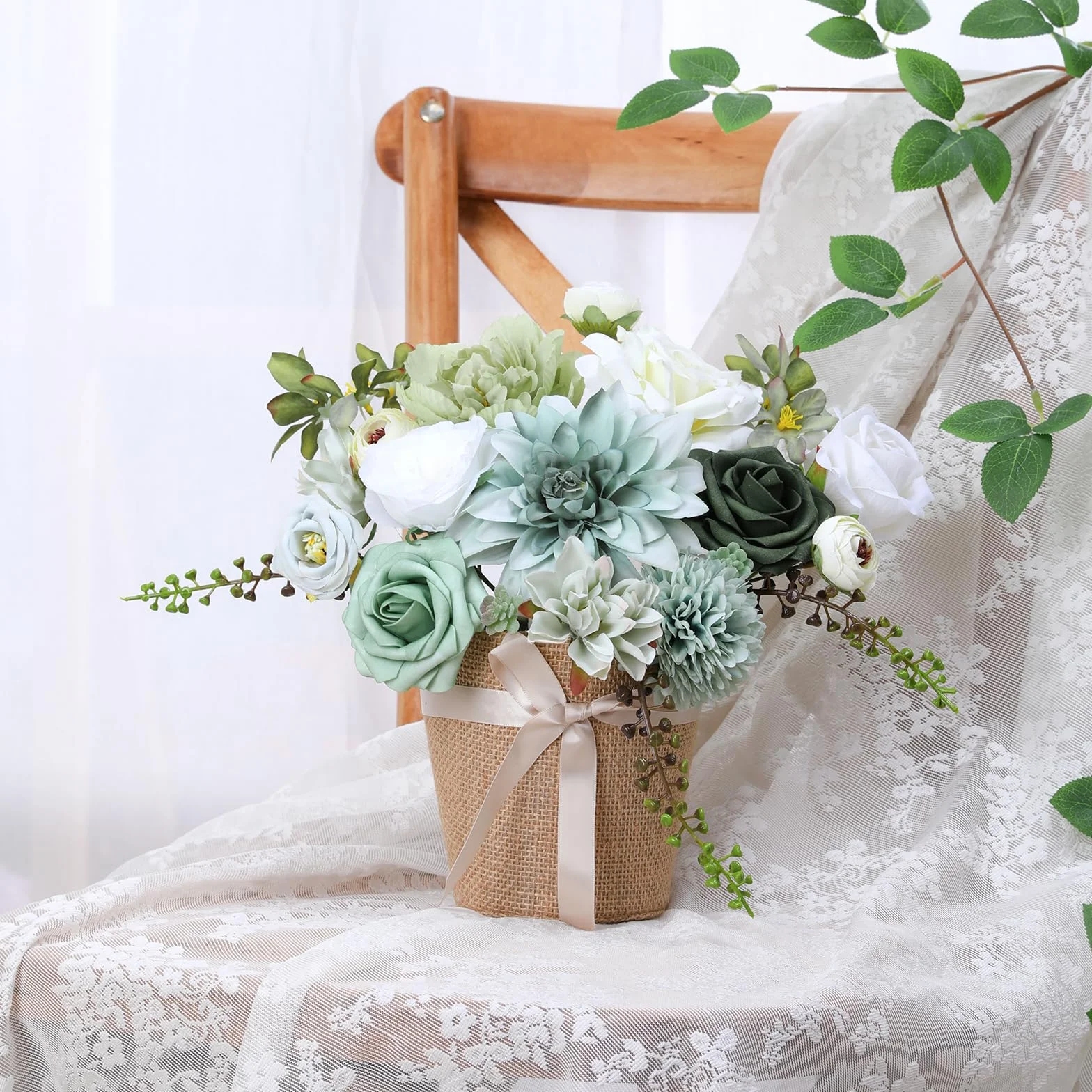 Kisflower Set di fiori artificiali verdi con steli, per bouquet da sposa fai da te, decorazioni per la casa