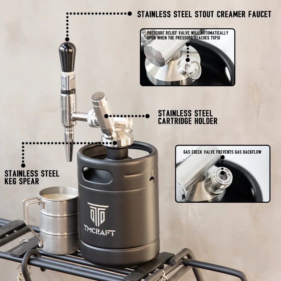 TMCRAFT 64oz Nitro Cold Brew Caffettiera, Acciaio Inox Stout Cream Rubinetto & Valvola di Sfiato, Home Brew Barile di Caffè Azoto Barile di Caffè