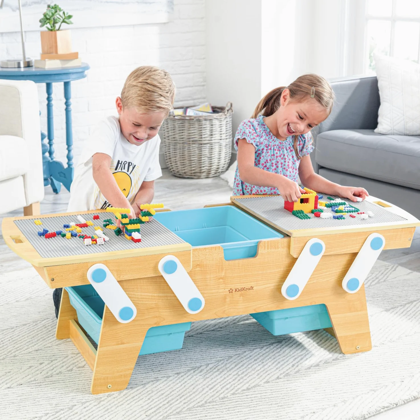 KidKraft Tavolino Play N Store in Legno con Mattoncini Costruzioni, Tavolino con Contenitori Portaoggetti, Mobili per Cameretta e Sala Giochi per Bambini, 17512