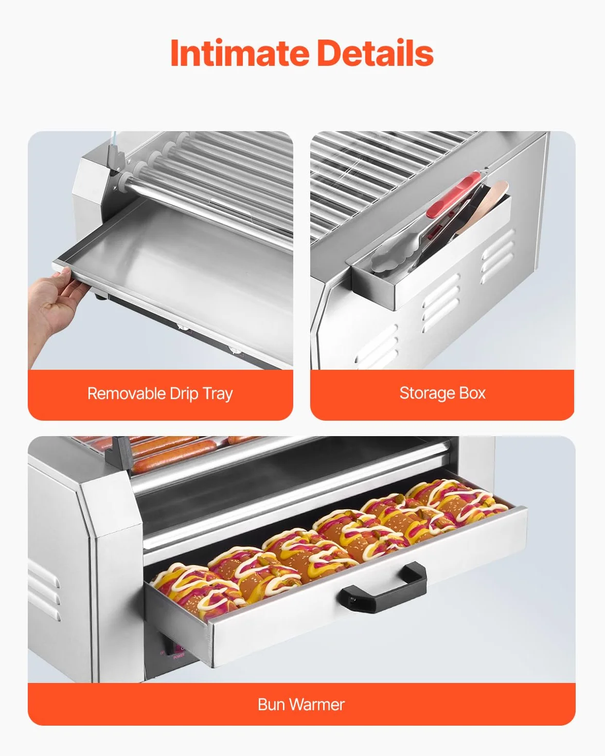 VEVOR Rullo per Hot Dog, 30 Hot Dog 11 Rulli, Cuocitore per Salsicce in Acciaio Inox da 2400 W Scalda Panini, Coperchio, 3 Controlli di Temperatura, Contenitore Laterale, Vassoio Raccogli-Olio
