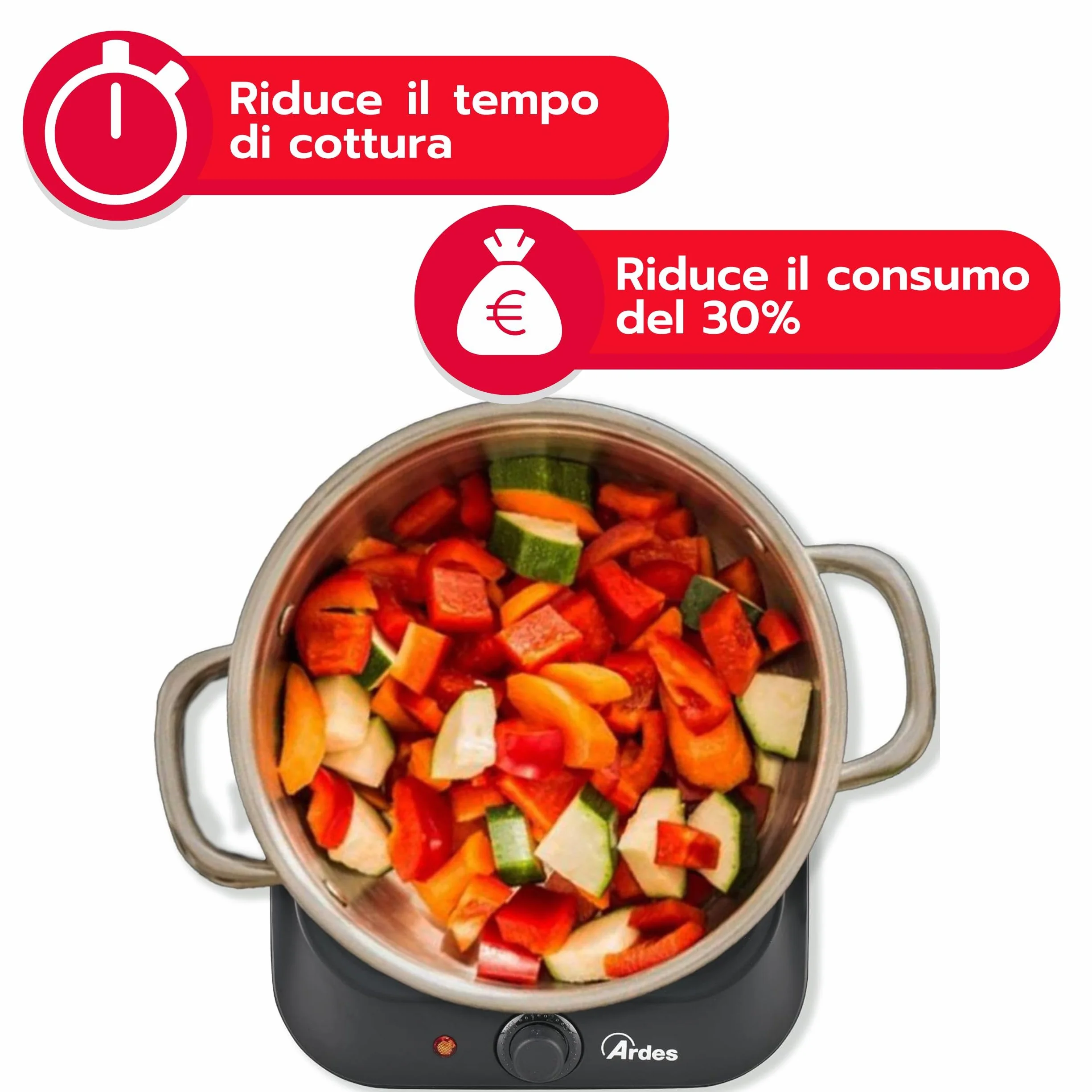 ARDES Fornello elettrico a infrarossi 1200W piastra vetroceramica Ø19 cm termostato regolabile