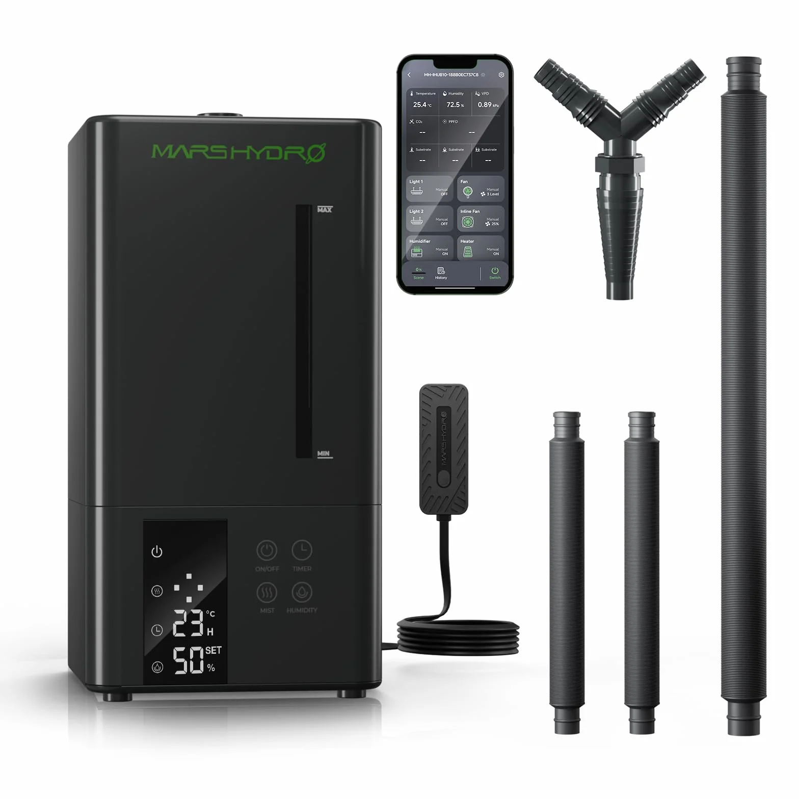 MARS HYDRO Umidificatore 6L con igrometro e funzione timer, preciso, funzionamento a ultrasuoni silenzioso, guarnizione a tenuta stagna, adatto per tende di allevamento, coltivazione in interni, serre