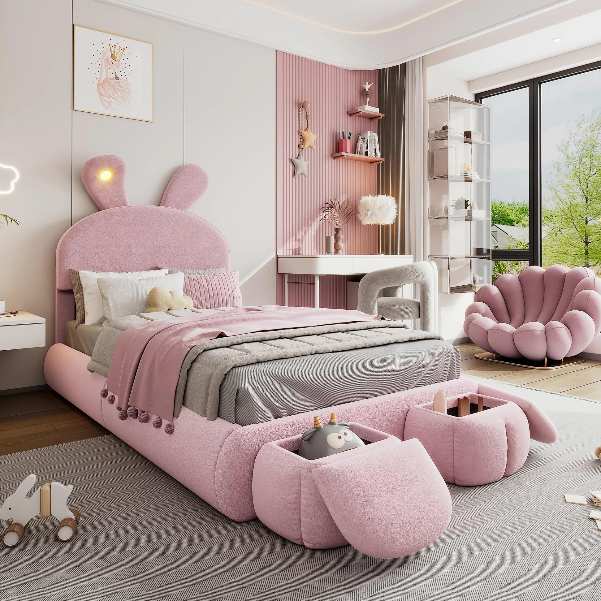 Letto Imbottito per Bambini 90 * 200cm con Due Sgabelli Contenitore, Orecchie di Coniglio con Luce LED, Lettos Singolo con Doghe in Legno, Velluto, Rosa