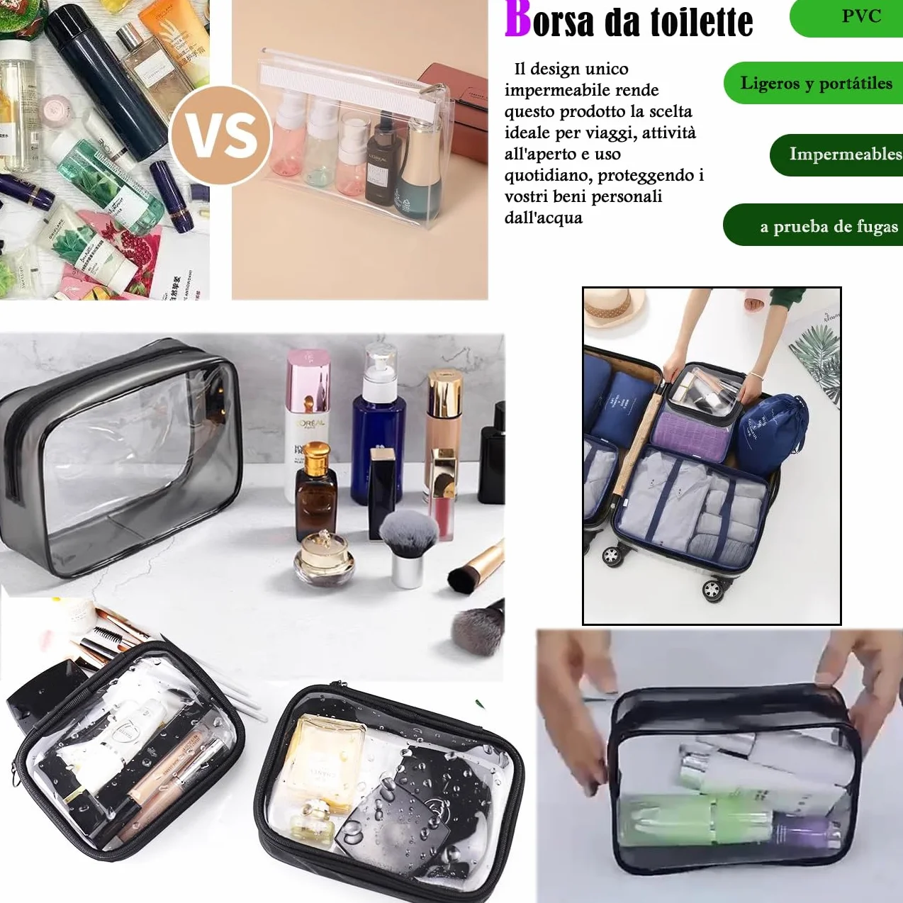 Borsa da Toilette Trasparente Beauty Case Viaggio 8 PCS Contenitori Liquidi Cosmetici 100ml flaconi aereo