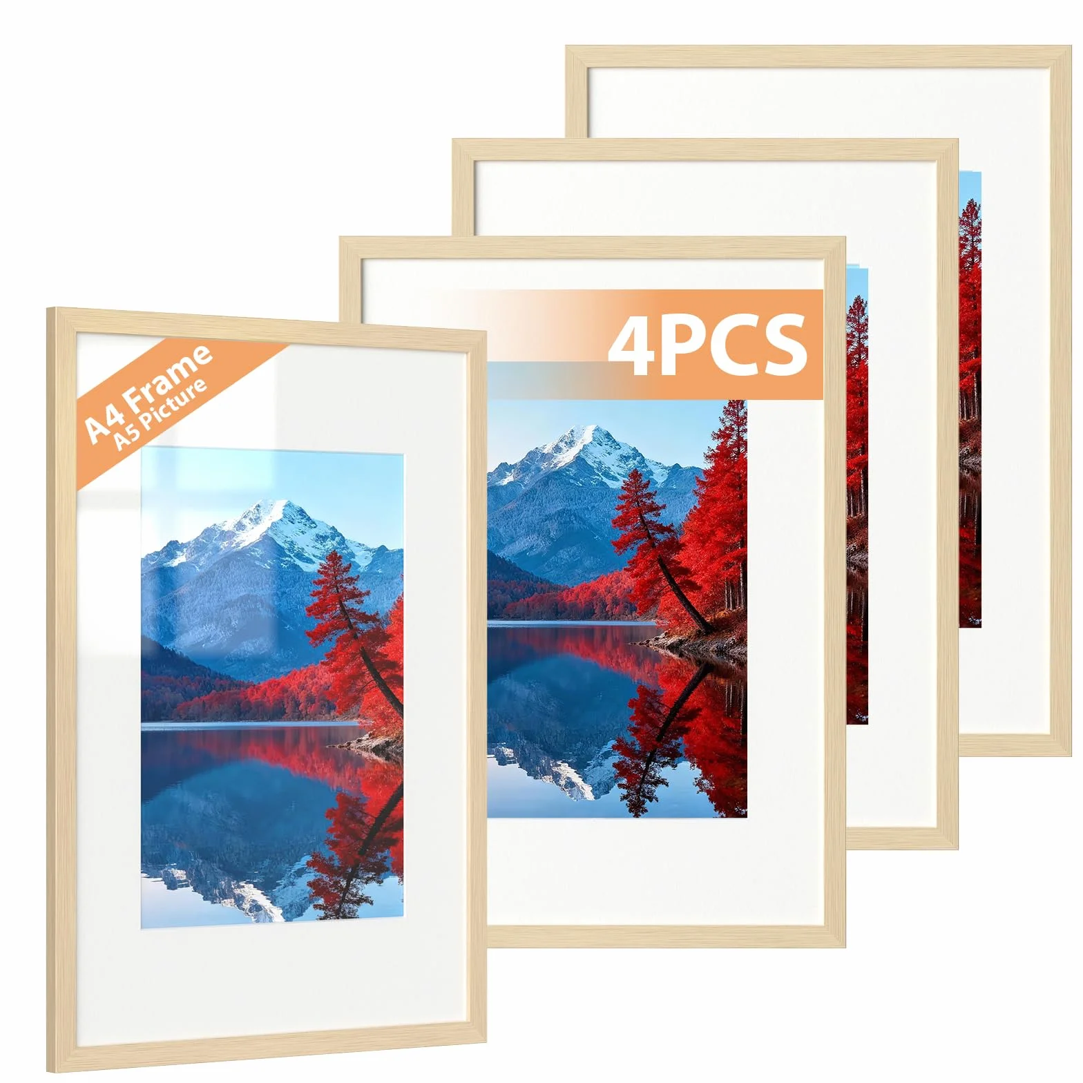 Alyvisun 4 Pack A4 Cornici Foto 14x20 cm con Passepartout 19,7x29,3 cm senza Passepartout, Tonalità di Legno