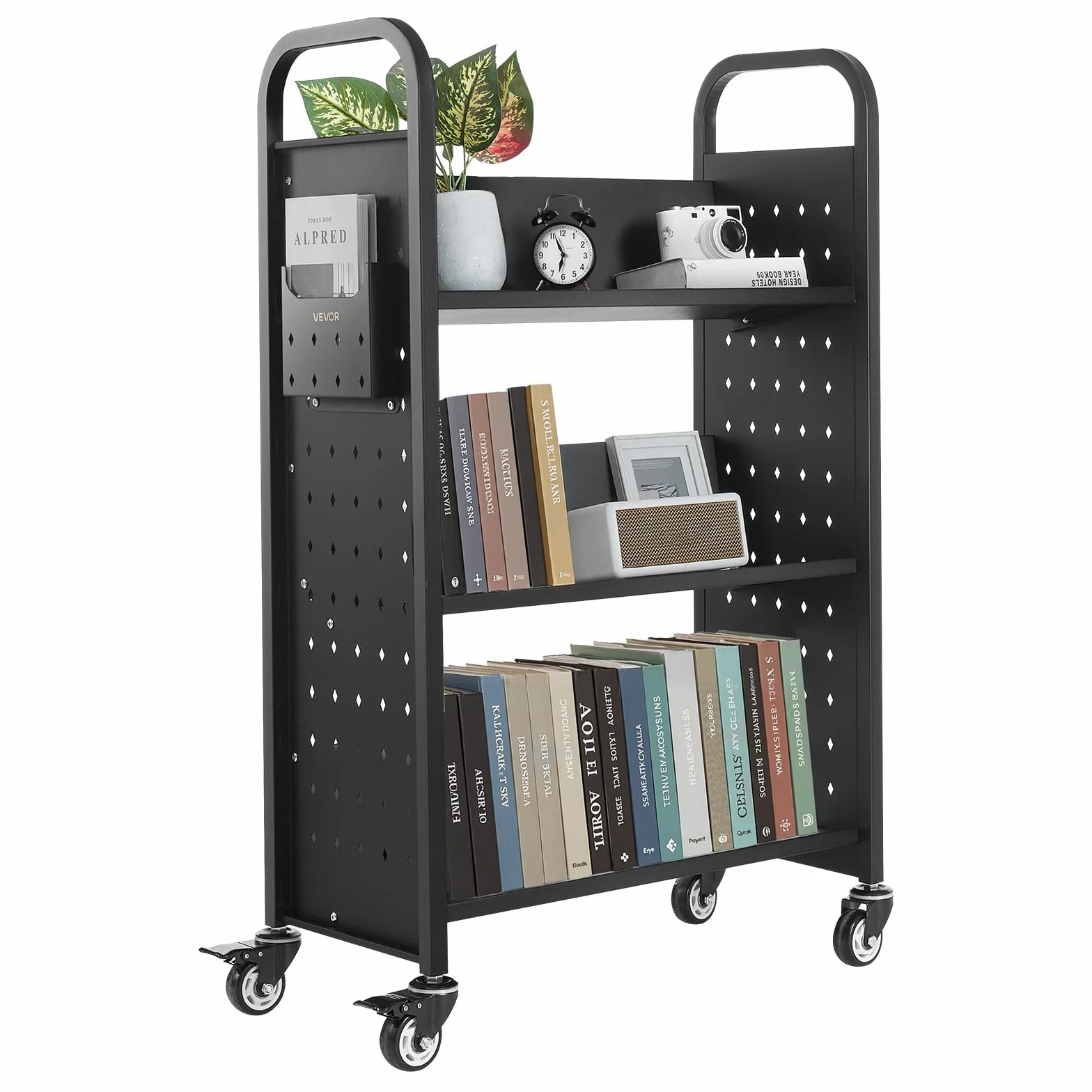 VEVOR Carrello Portalibri con Ruote 770 x 380 x 1220 mm Carrello Rotante Porta Libri, Carico 150 kg Ripiani a V Monofacciali con Ruote Bloccabili 7,6 cm per Scaffali di Casa, Ufficio e Scuola, Nero