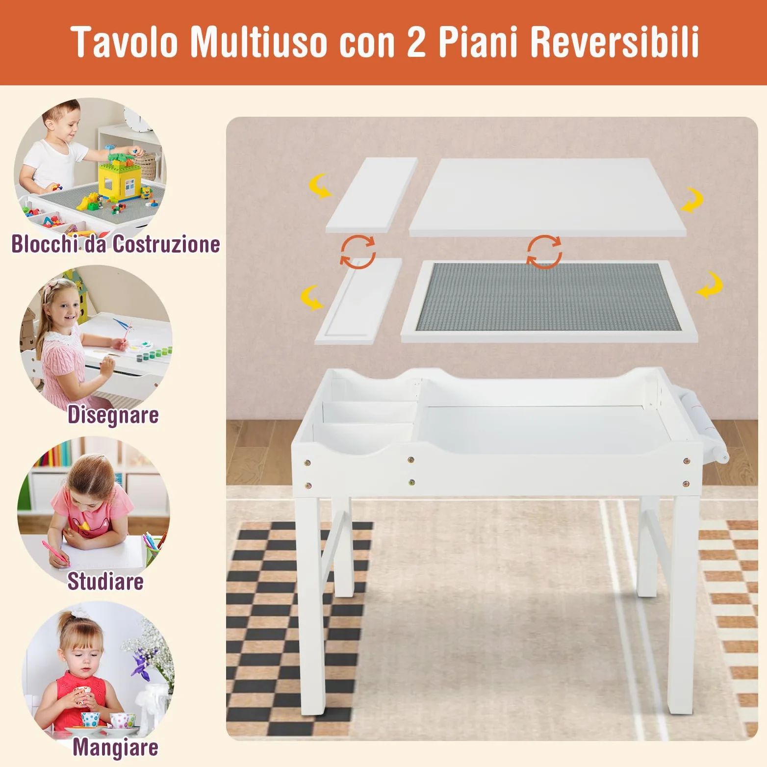 COSTWAY Tavolo da Gioco per Bambini in Legno con Piano Reversibile, Tavolo Multiattività Bambini 2 in 1, Porta Rotolo di Carta da Disegno, per Camera da Letto, Soggiorno (Bianco)