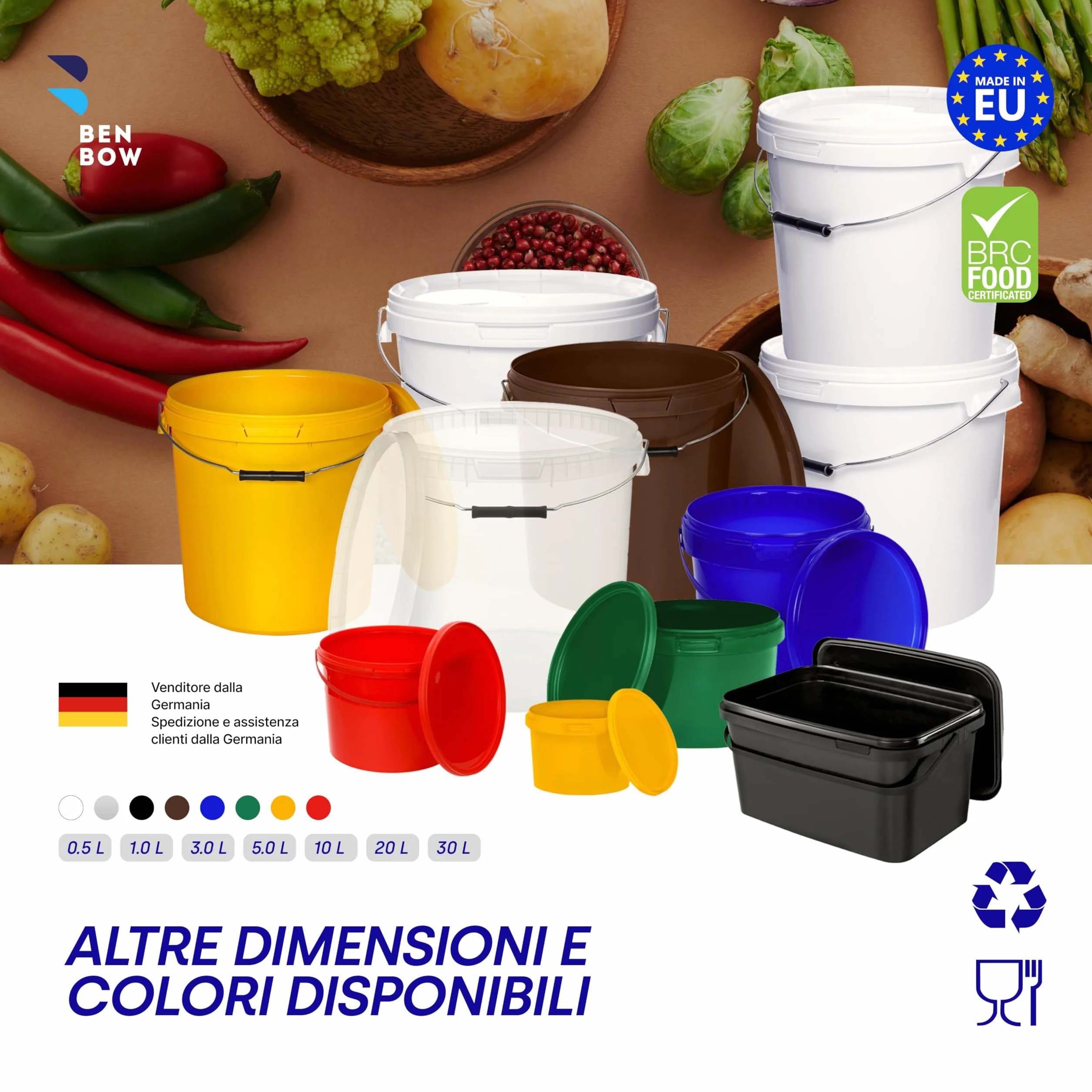 BenBow Secchio con coperchio 20l nero 1x 20 litri - sicuro per gli alimenti, stabile, ermetico, a prova di perdite - contenitore per la conservazione in plastica, con manico in metallo - vuoto