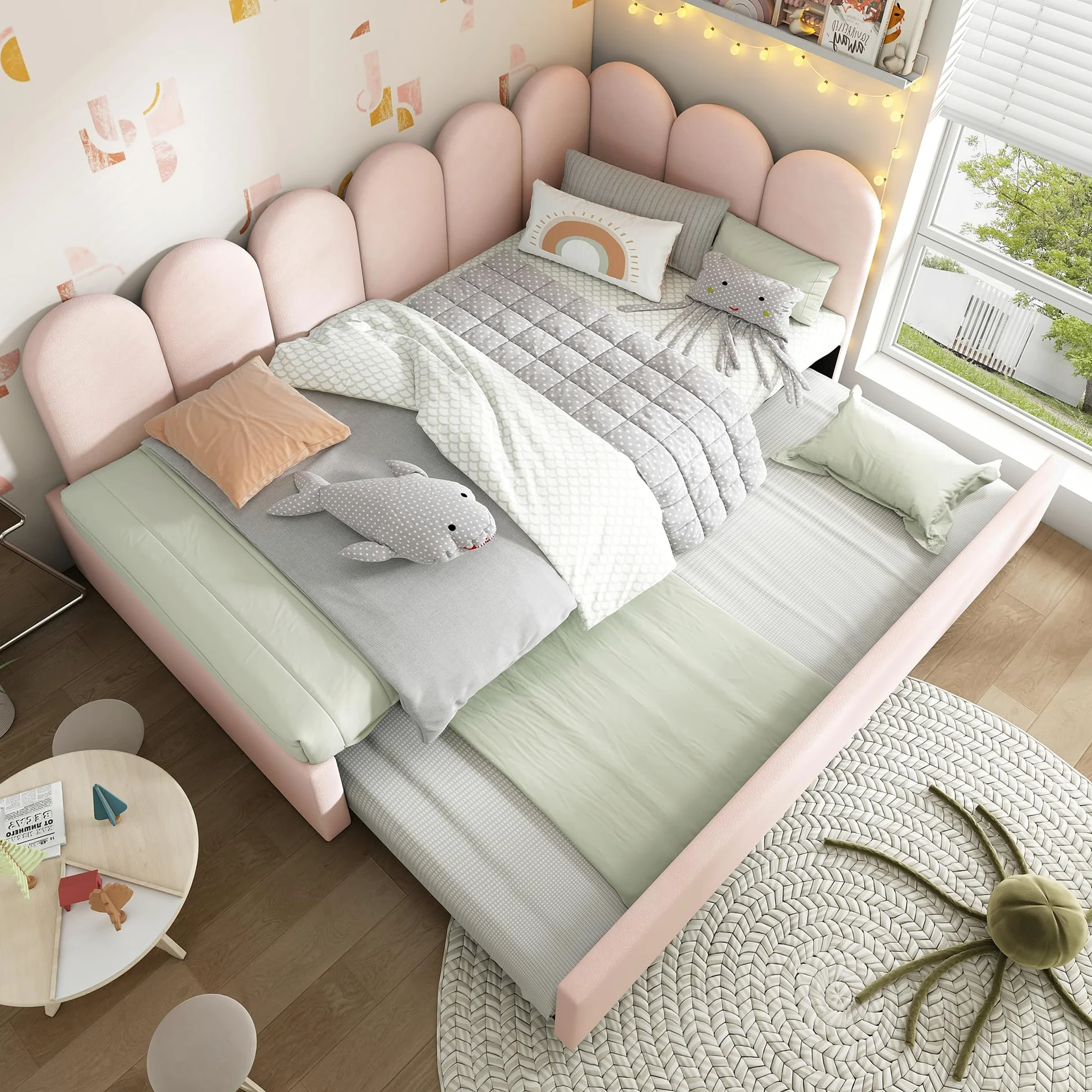 Letto imbottito, 90 x 200 cm, divano letto con letto estraibile, 90 x 190 cm, letto per bambini con rete a doghe, velluto, rosa, senza materasso