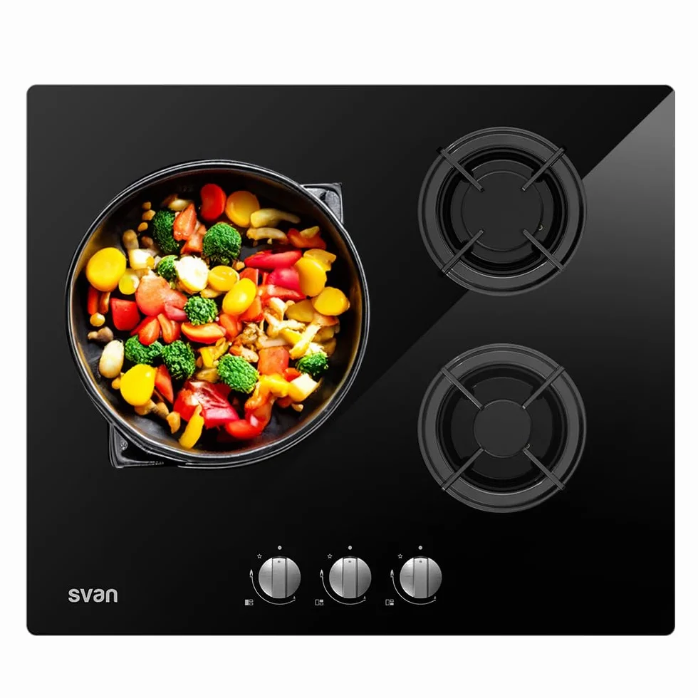 Svan Encimera de Gas SGW3601N 3 Quemadores Integrable Quemador WOK triple llama Cristal negro