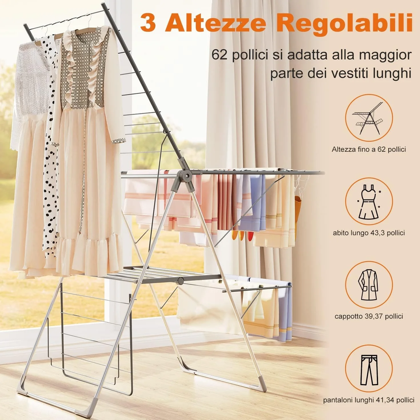Innotic Stendibiancheria Pieghevole 33 Aste, Stendino Salvaspazio 2 Livelli, Stendino Verticale Regolabile Resistente, per Esterno Balcone Interno, Stendipanni con Accessori Richiudibile, Grigio