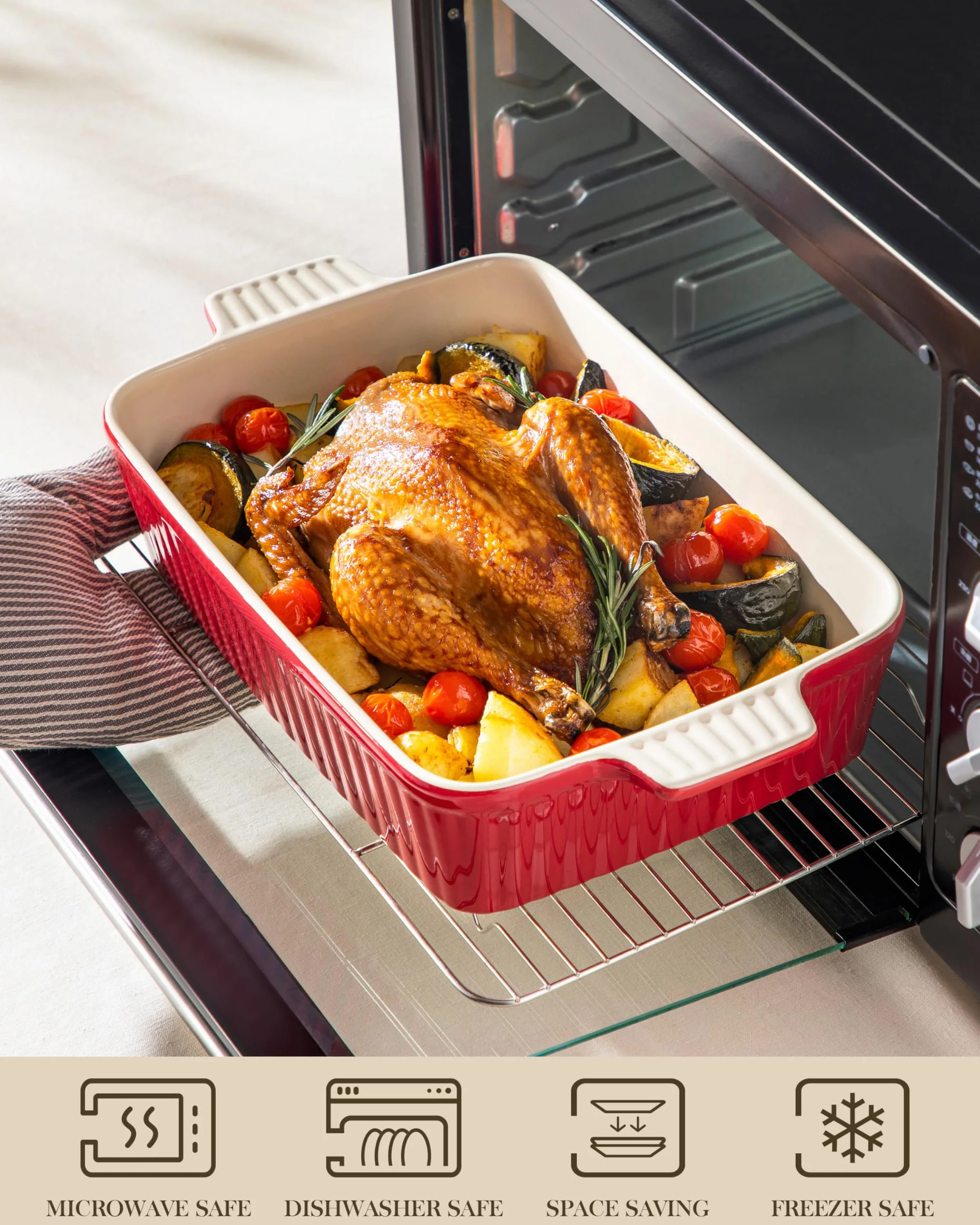 MALACASA Serie BAKE, Teglia Rettangolare in Porcellana da 4200 ml, Grande Teglia con Manici per Gratin e Casseruole, Lavabile in Lavastoviglie, Rosso