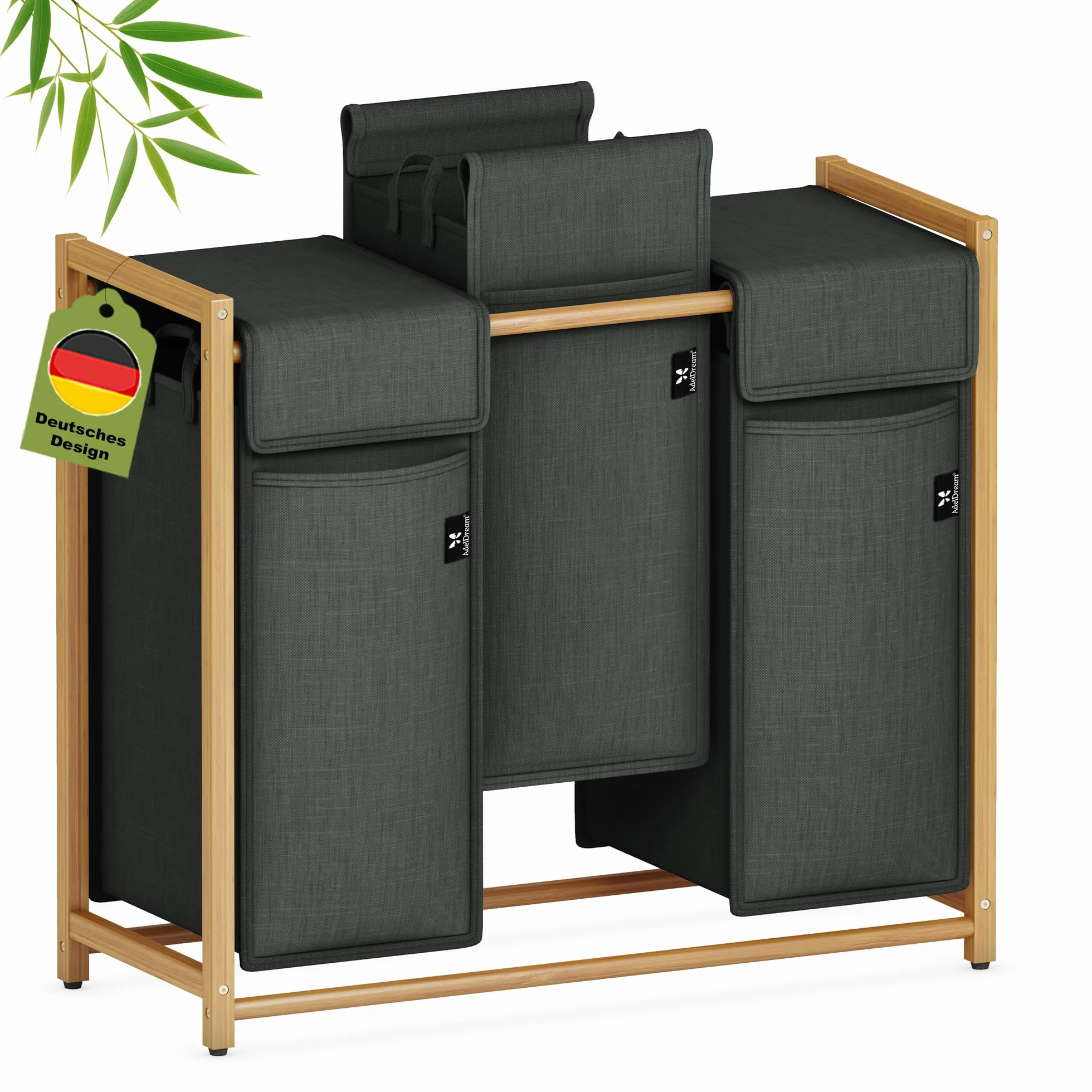 AdelDream Cesto per Biancheria, Separatore per Vestiti, 3 Scomparti, Carrello per Biancheria con Tasche Rimovibili, Bambù 150 L, Grigio Scuro