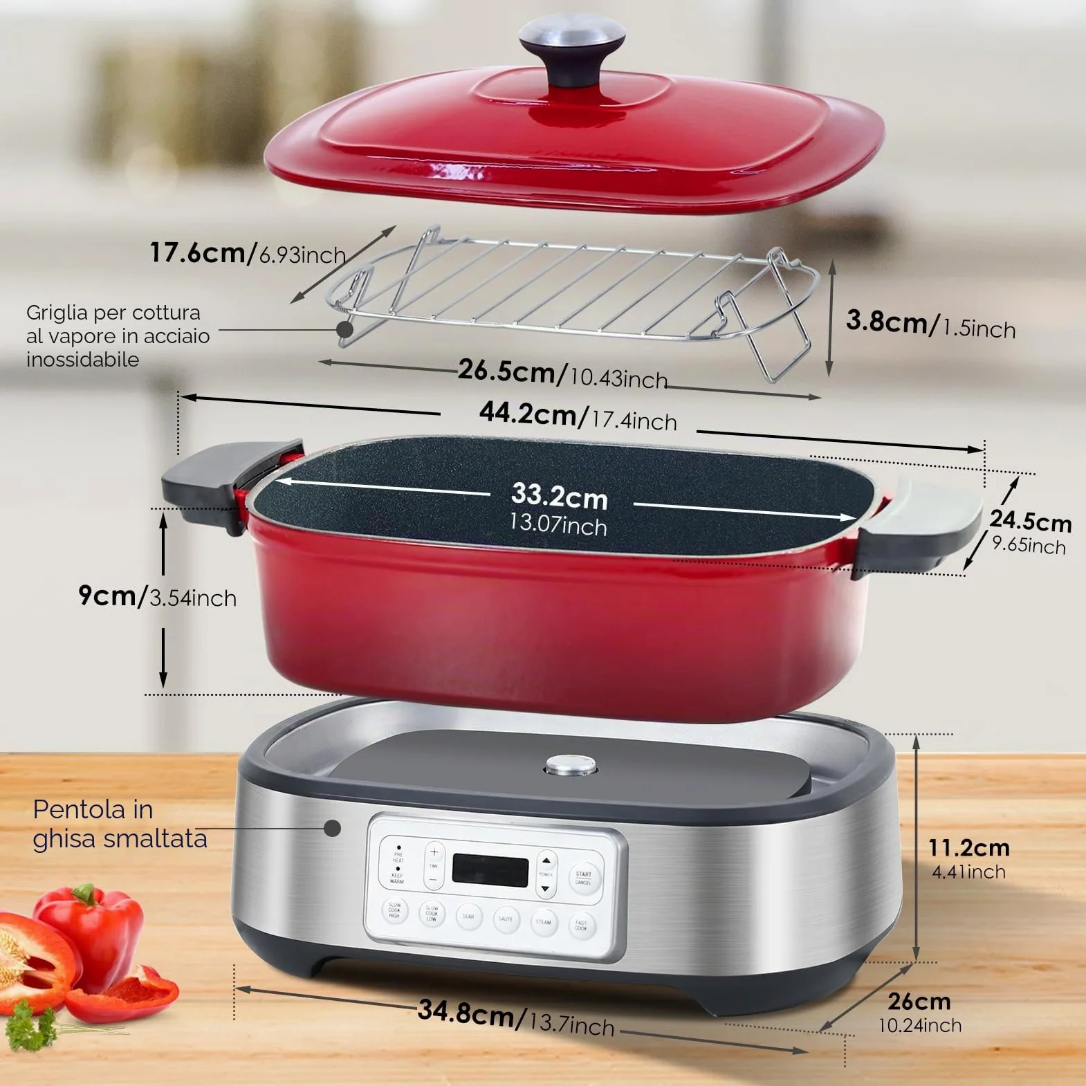 Homtone Casseruola 6 in 1 Slow Cooker, 5,5 l, programmabile, smaltata rimovibile, rivestimento in ceramica, cottura lenta, rosola, cottura a vapore con griglia a vapore, rosso