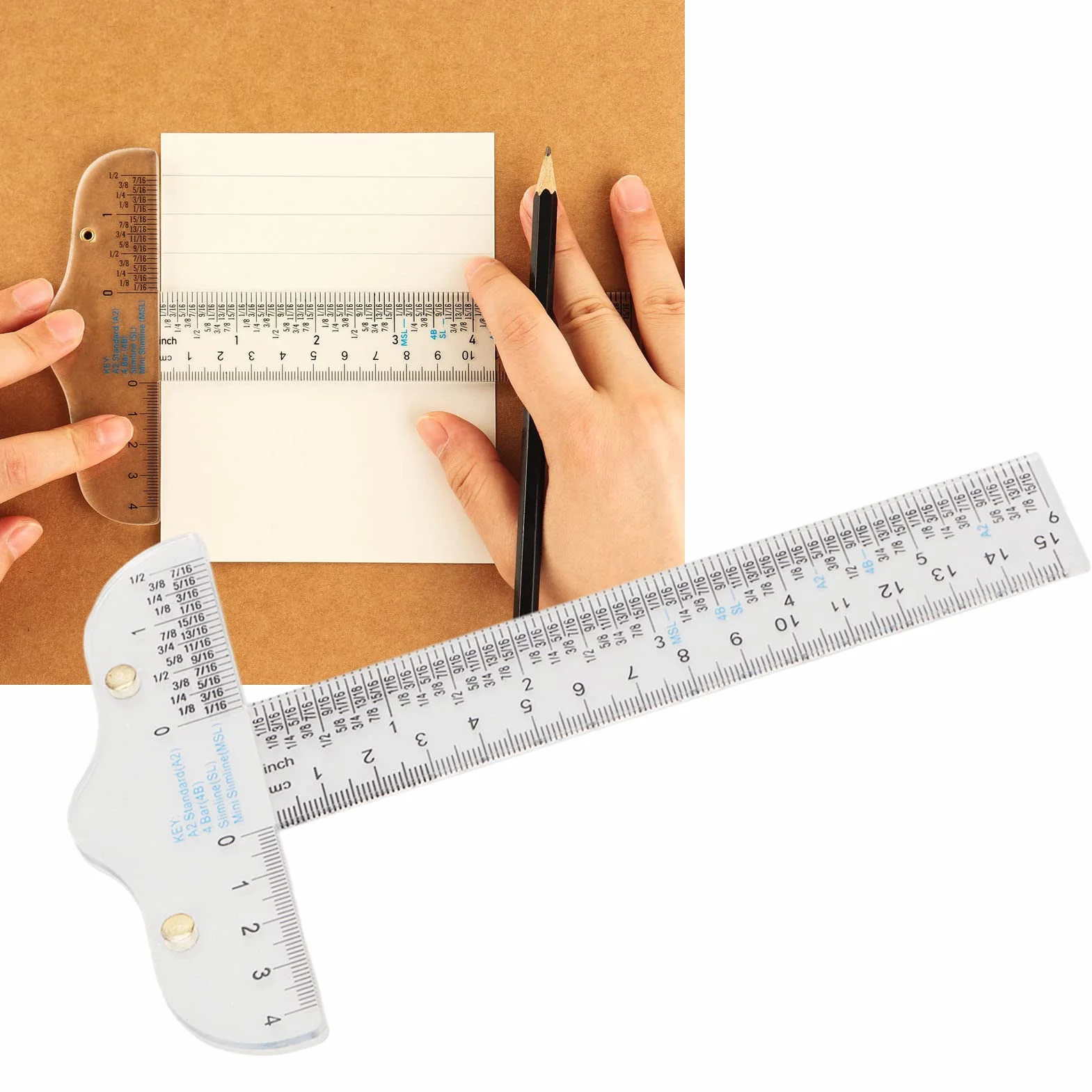Righello a T in Acrilico Trasparente, Strumento di Misurazione con Scale in Pollici e Metriche, Righello da Disegno Portatile