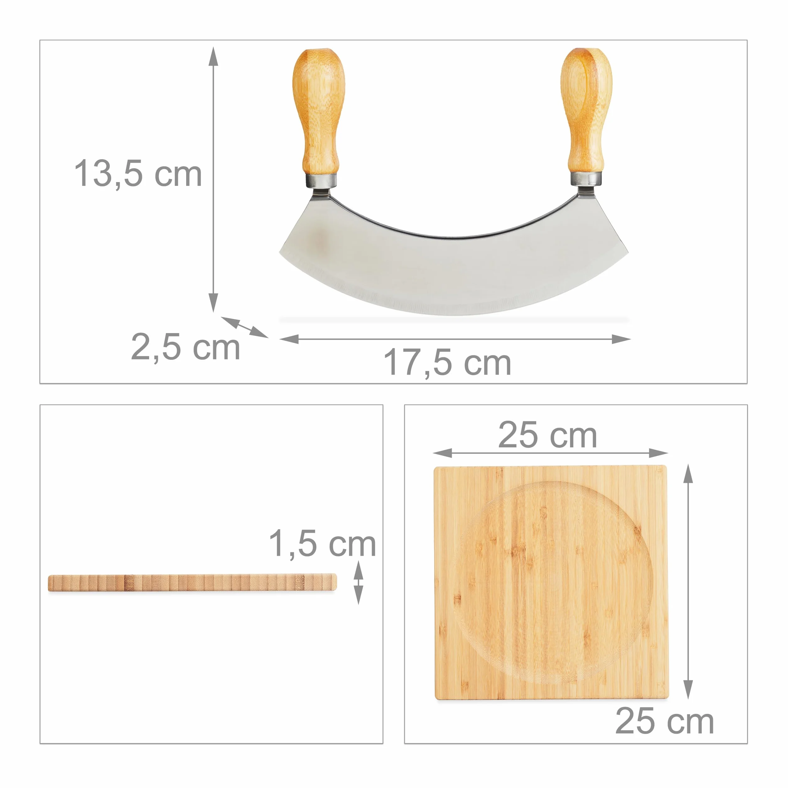 Relaxdays Mezzaluna con Tagliere 25 x 25 cm, Coltello a Doppia Lama Trita Erbe, Acciaio Inox e bambù, Naturale Argentato