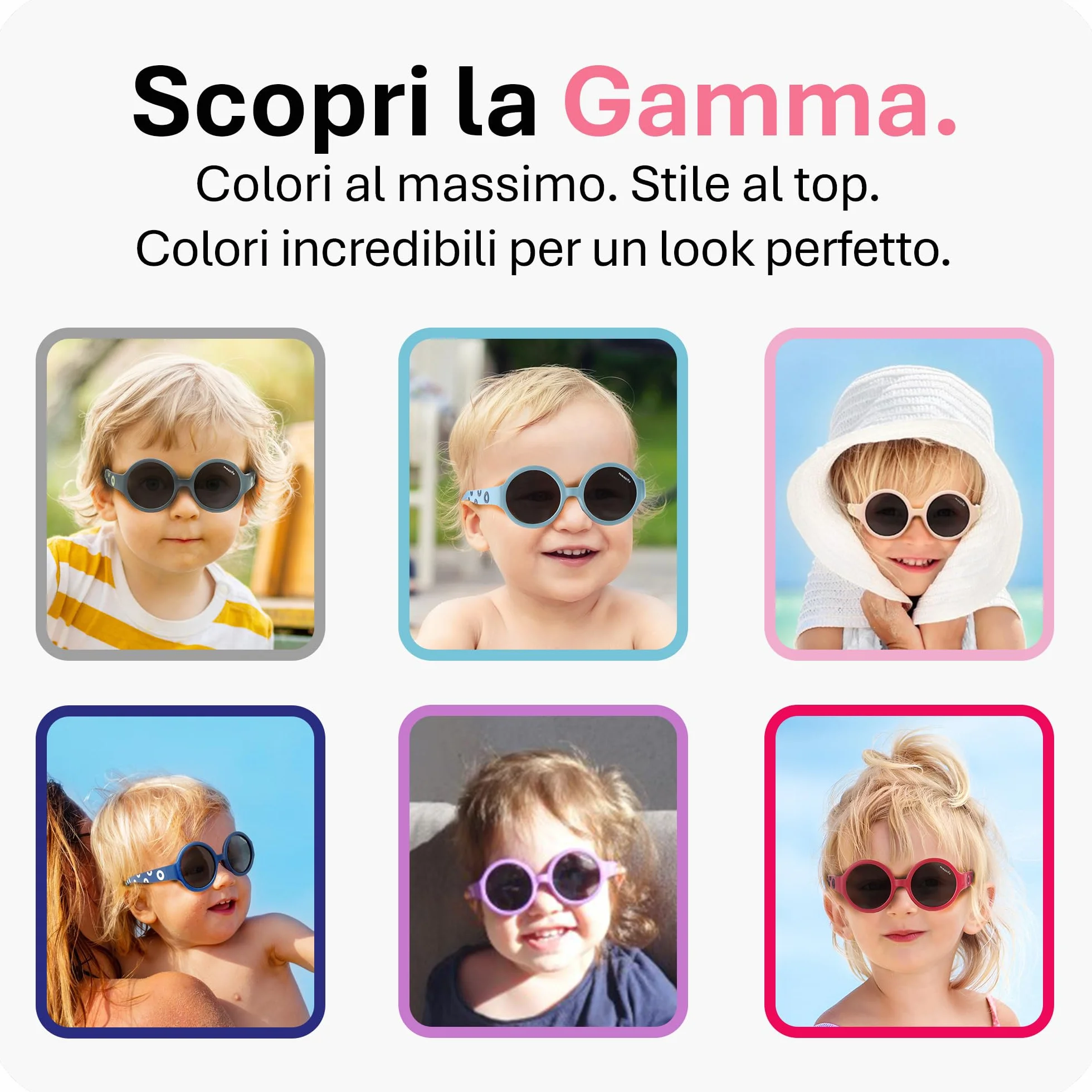Mausito Occhiali da sole bambini 6-24 mesi 2-5 anni FLESSIBILI 100% PROTEZIONE UV Fascia regolabile rimovibile Senza BPA