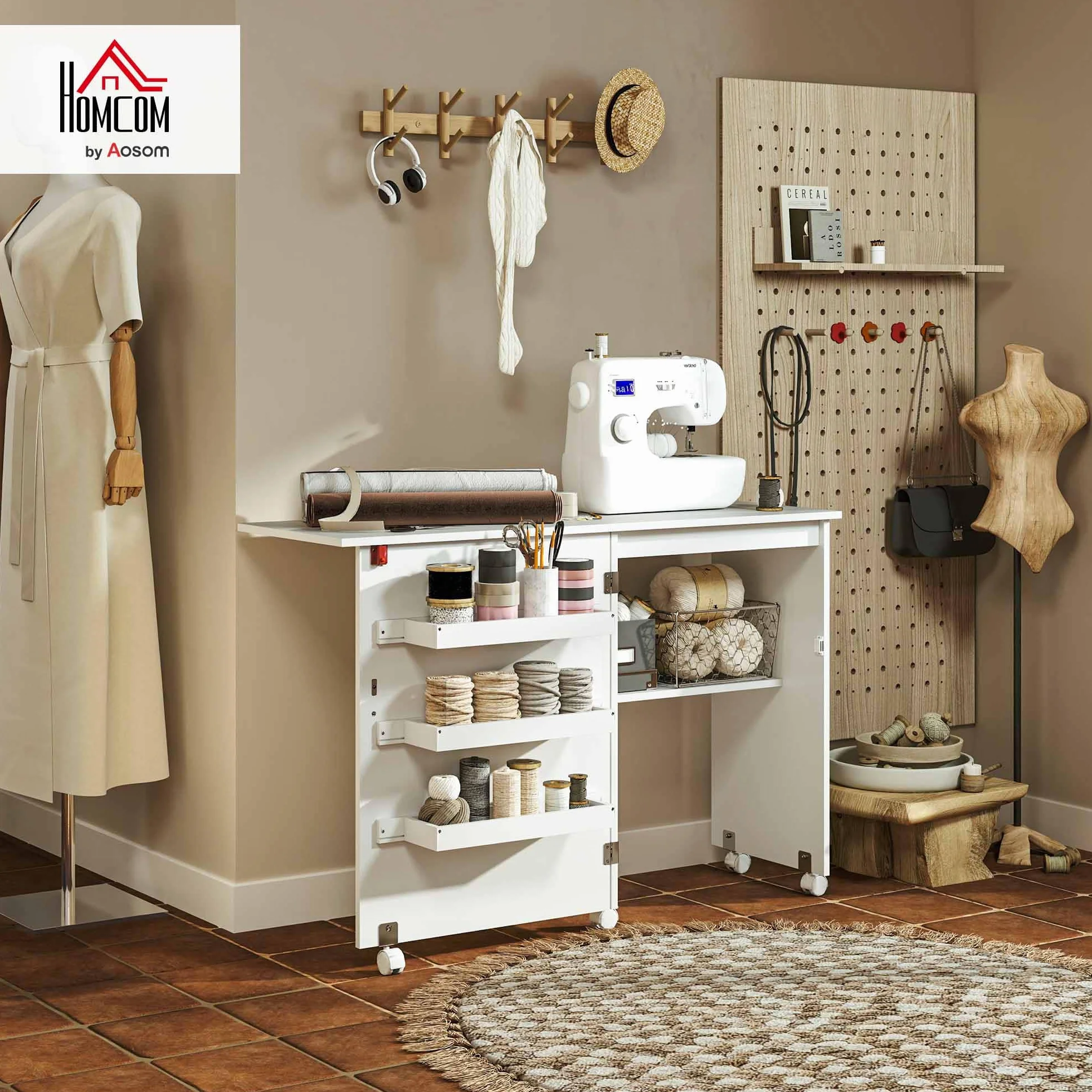 HOMCOM Tavolo da cucito pieghevole Armadio da cucito pieghevole con scomparti, ripiano aperto e rotelle, mobile per macchine da cucire, per soggiorno, ufficio, studio, dim. 118 x 40 x 79,5 cm, bianco