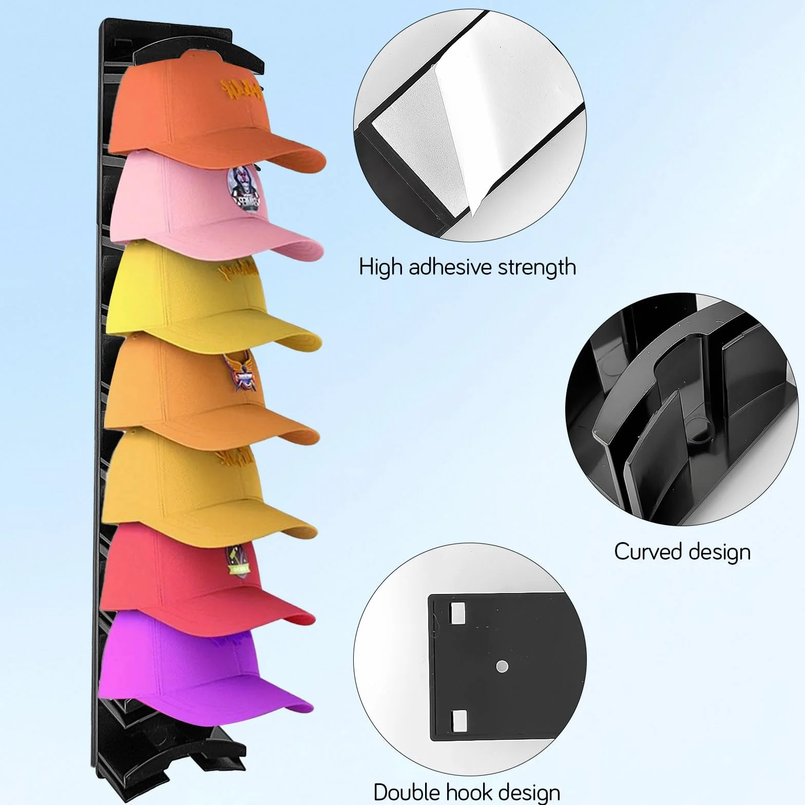 2 Pezzi Porta Cappelli da Parete, con Adesivo Forte/Trapano a Muro, Due Metodi di Fissaggio, Materiale Plastico, Possono Sostenere 20 Cappellini (Nero)