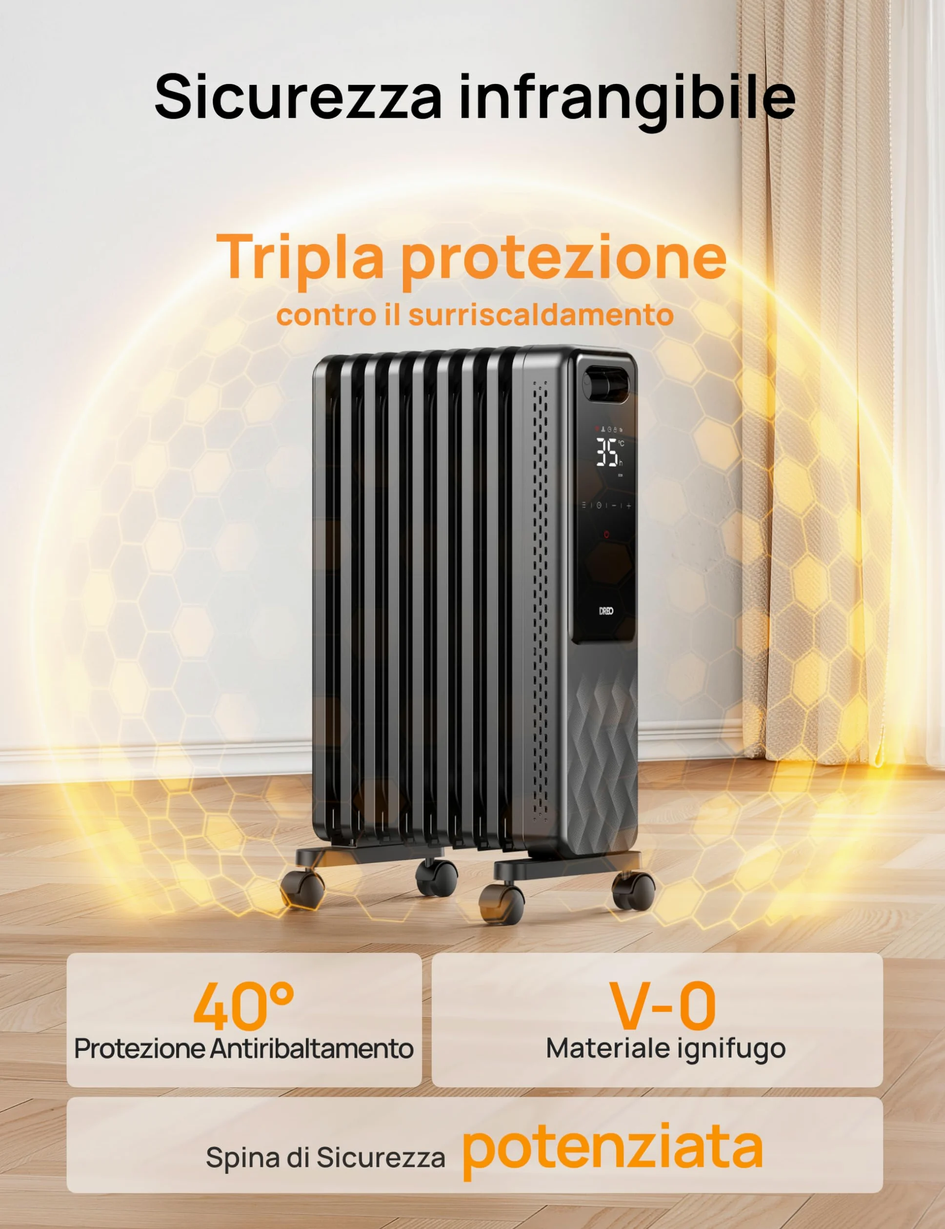 DREO Radiatore Elettrico Basso Consumo 2000W, Radiatore ad Olio 9 Elementi con Telecomando, 3 Livelli, 4 Modalità, Timer 24h, Protezione Surriscaldamento e Ribaltamento, Riscaldatore con Termostato