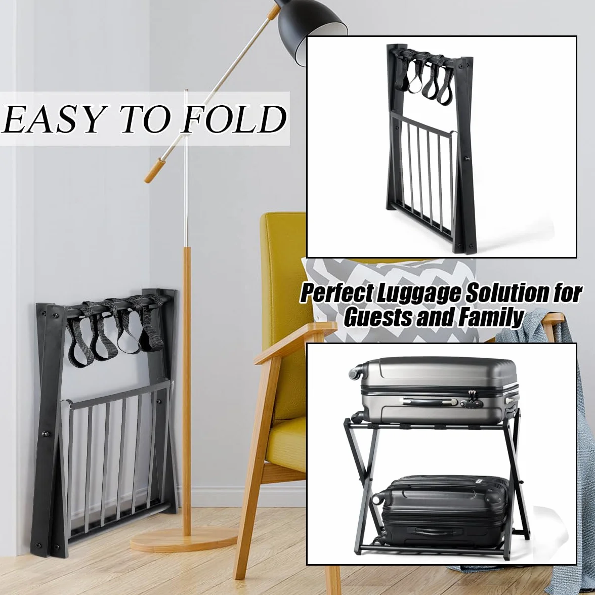HOMASIS 2 Portavaligie Pieghevole 2 Sgabelli Reggivaligia in Metallo 68 x 43 x 56 Nero