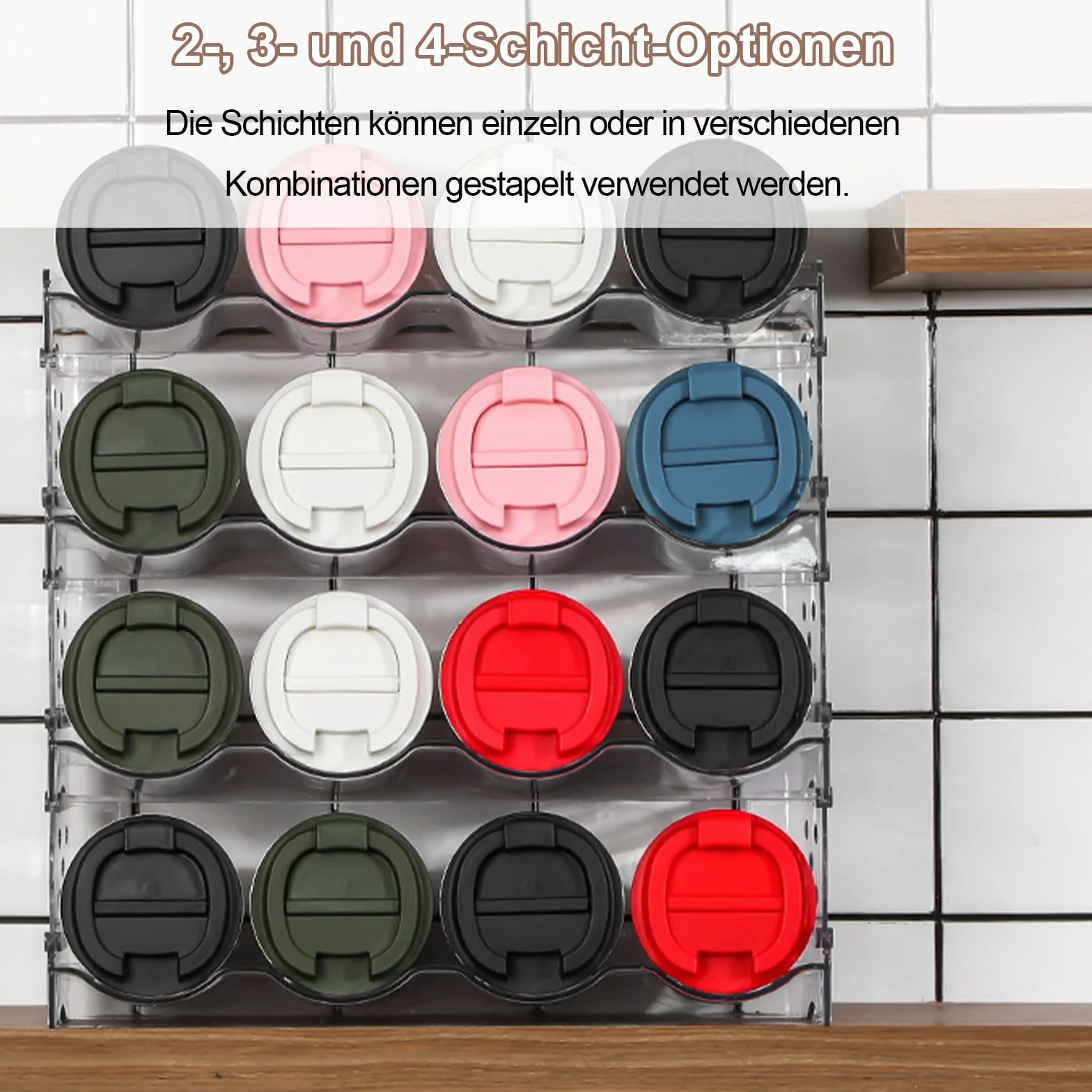 4 Livelli Porta Bottiglie Frigorifero, Contiene 16 Bottiglie, in Plastica, Portabottiglie Frigo Impilabile, Rimovibile, Adatto per Bottiglie, Bevande, Bicchieri (Trasparente)