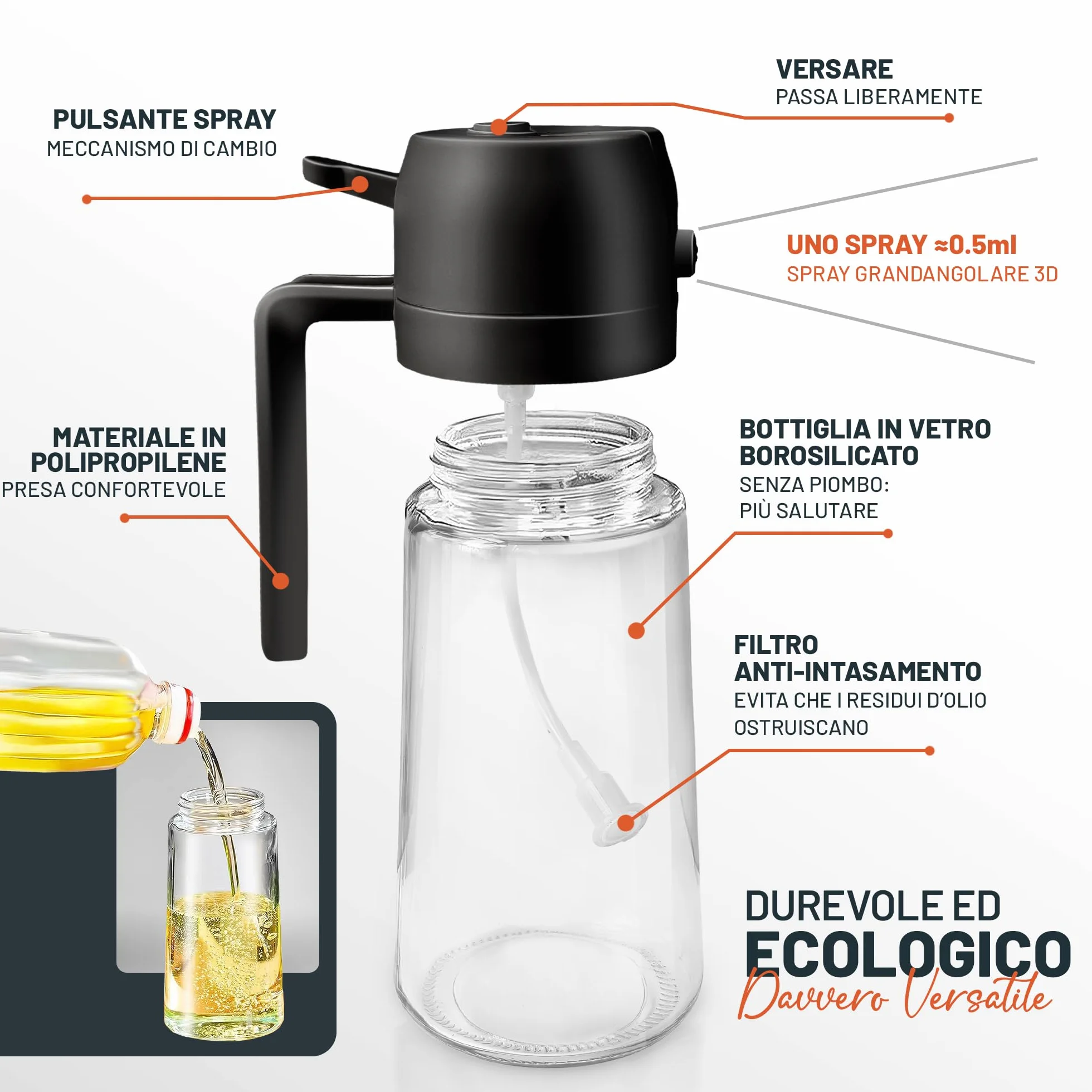 PORTENTUM Spruzzino Olio per Friggitrice Aria 500ml 2 in 1, Bottiglia e Oliera, Accessori Friggitrice Aria Nero
